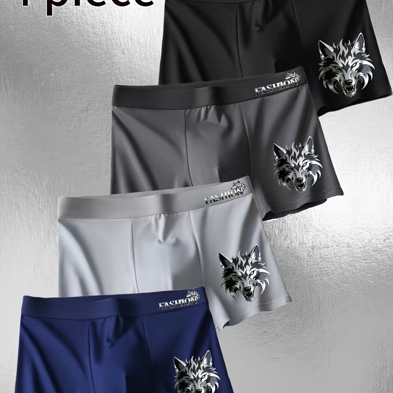 TEMU 4-pc Flat Briefs Men's Wolf Head Print, Trendy Metallic Wolf , Comfortable For Daily And Sports, Meeting Washing Needs, A Comfortable For Trendy