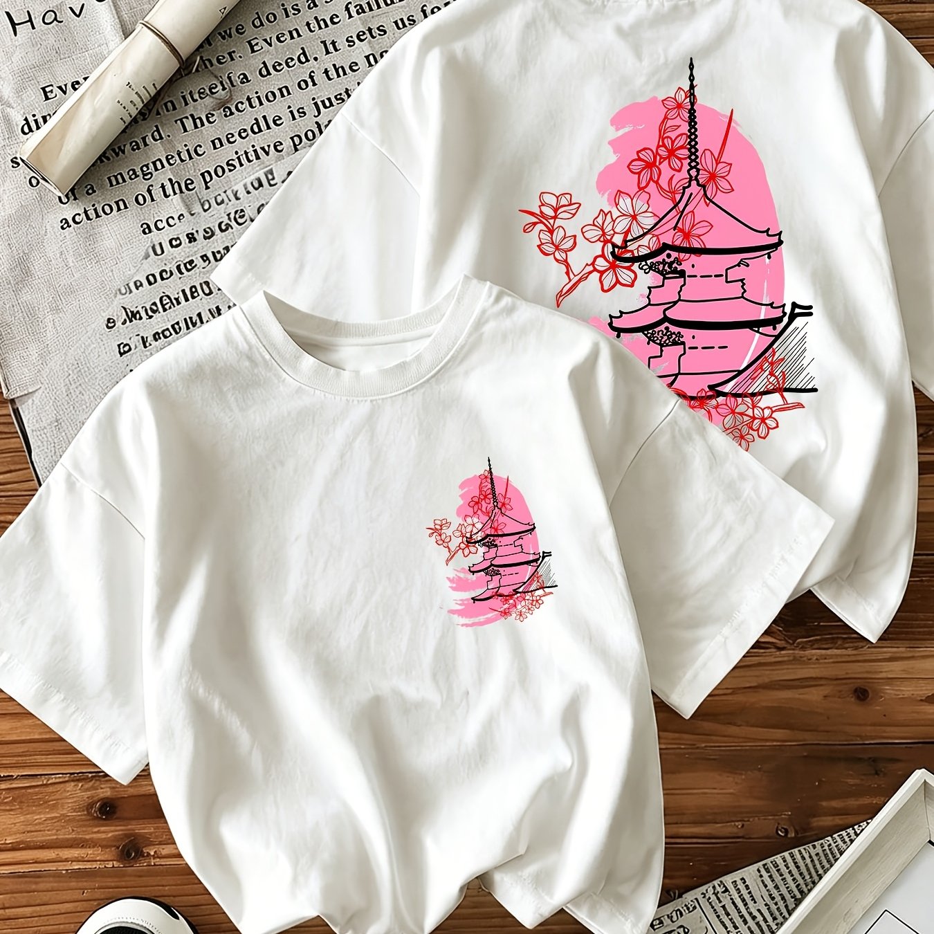 Women' Pagoda Sunset Print T-shirt - Oversized Japanese Garden Summer Top