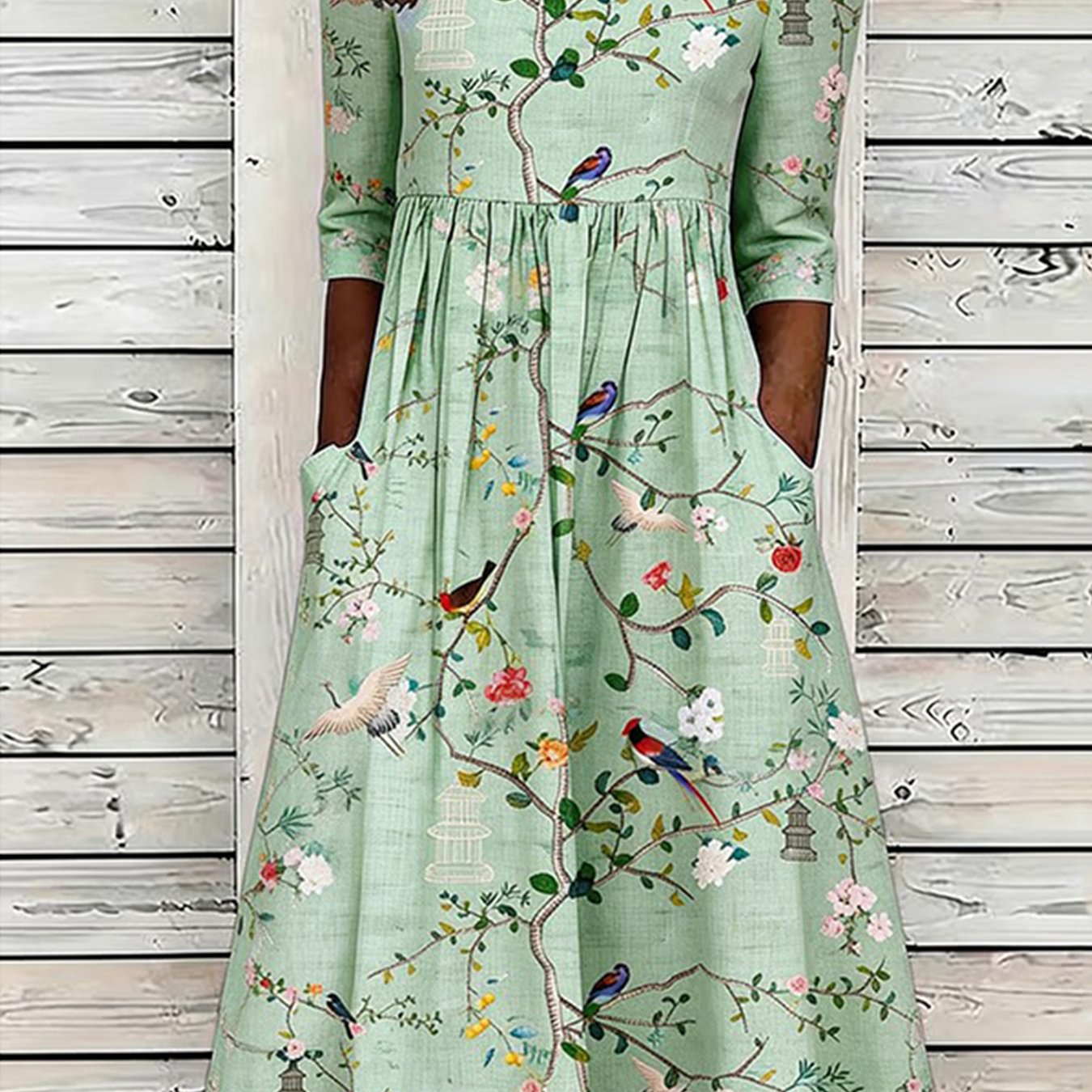 Women's Floral Prints 3/4 Sleeve Midi Dress, Elegant Round Neck Beach Dress For , Best Gift For