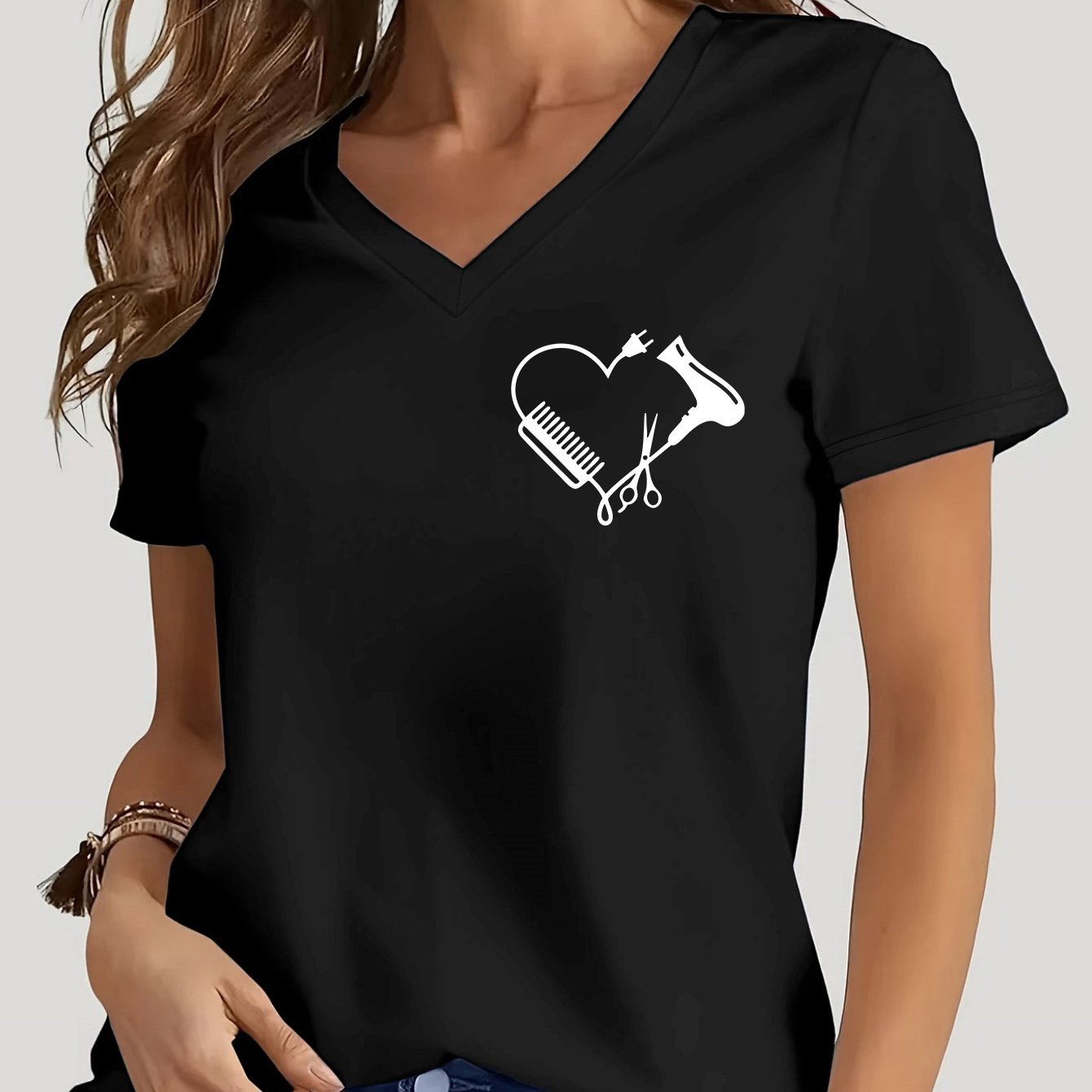 TEMU T-shirt con stampa di lettere, top casual a maniche corte con scollo a V per estate e , abbigliamento da donna