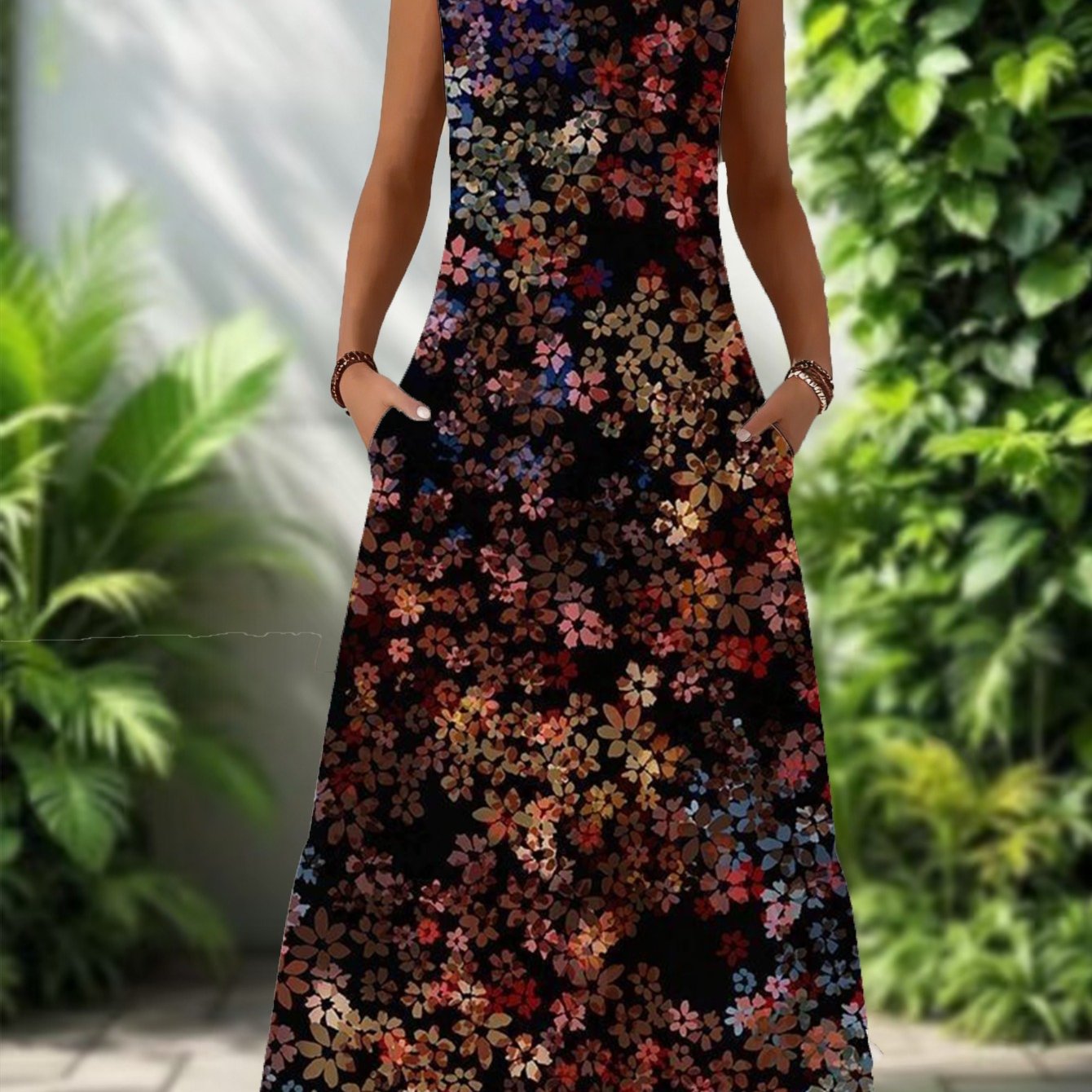 Women's Elegant High-end Blue Floral Dress - Sleeveless Round Neck Bell-bottom H-line Dress With -line, Breathable Fabric Suitable For , Wedding Guest Dress, Office To Outfits