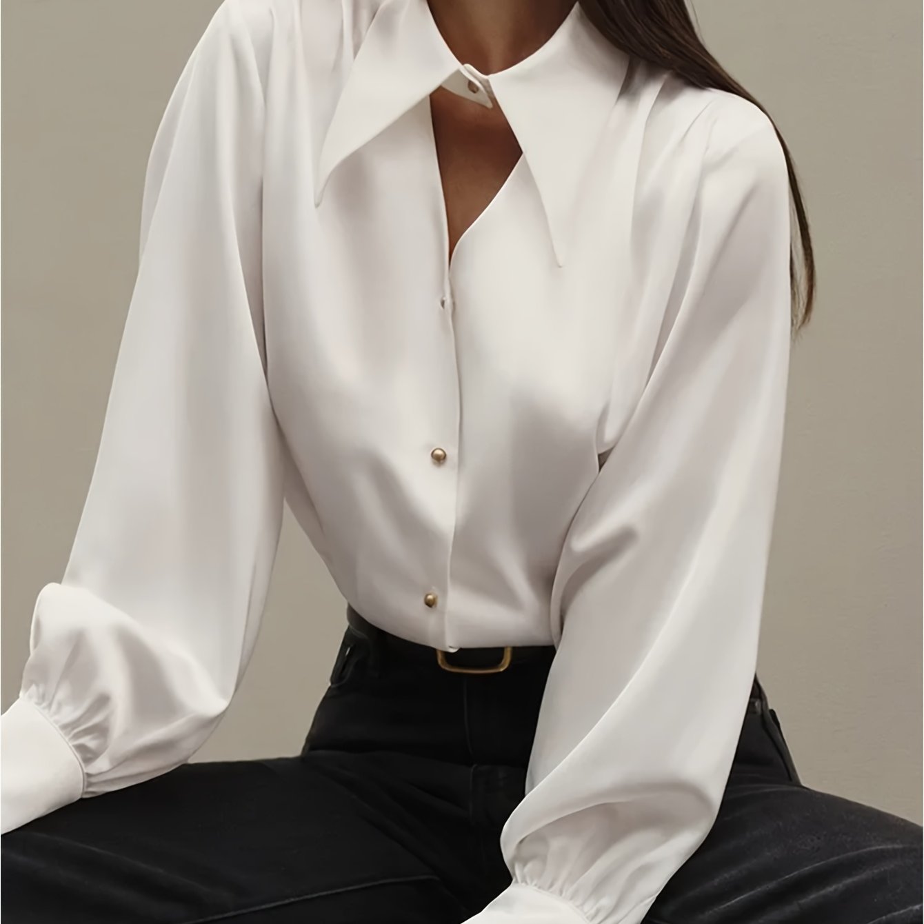 Elegant Pointed Collar Button- Shirt For Women, Machine Washable Long-sleeve Blouse