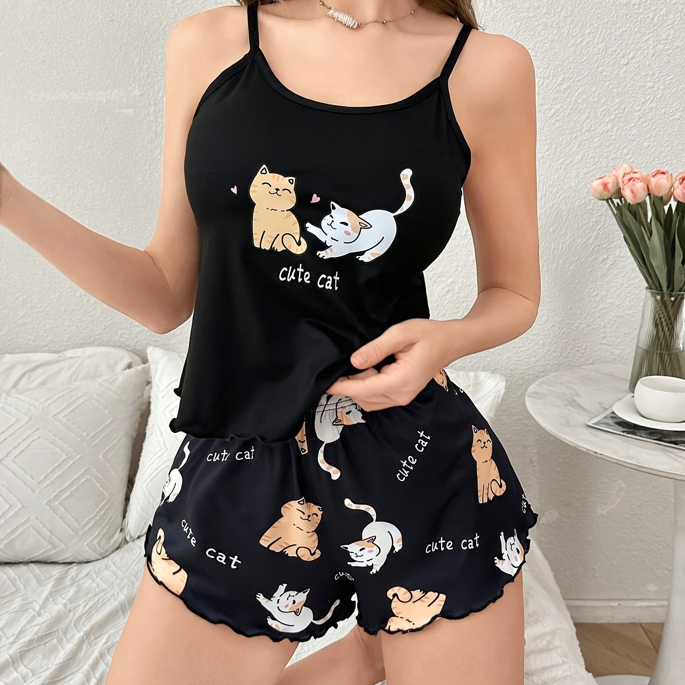 Image of Women's Casual Cute Cat Print Spaghetti Strap And Shorts Pajama Set, Polyester 95.0% Elastane 5.0%, Sleepwear, Relaxed Fit, Adult Loungewear, Relaxed Fit Pajamas | Print Top | Polyester Blend