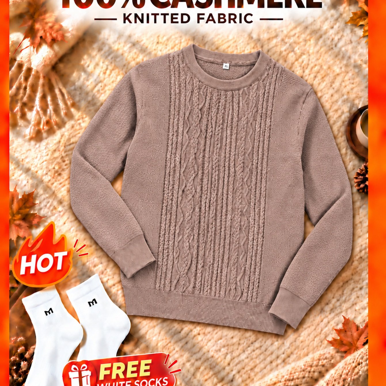 Image of Men's 100% Cashmere Sweater Thickened Winter Knitwear - Retro Cable & Pattern Pullover Base Layer, Loose Fit Round Neck Sweater Suitable For Weather, Hand Washable Warm Sweater For Casual Wear