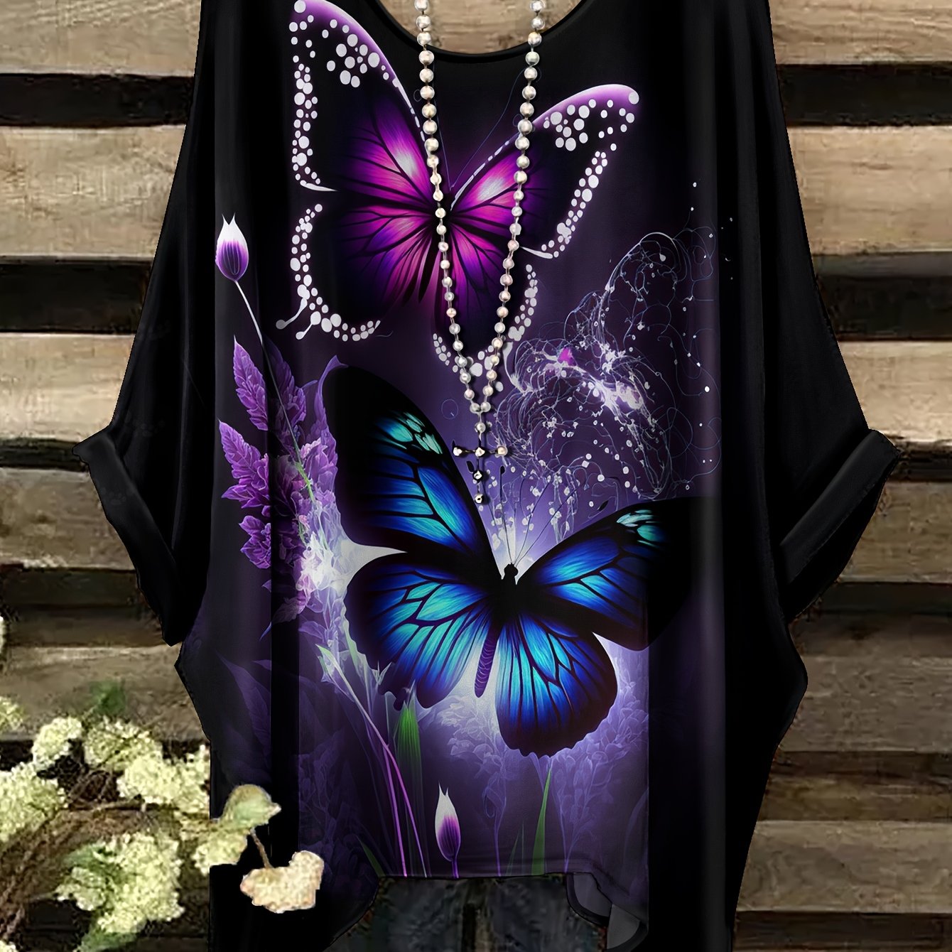 Image of Plus Size - Summer Plus Size Pattern Print Round Neck T-shirt, Casual Comfortable Round Neck Short Sleeve Plus Size T-shirt, Plus Size Clothing, No Additions