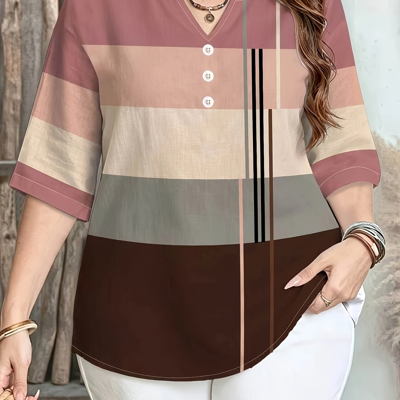 TEMU Printed Design – Not Textured. Women's Casual Button-patch Colorblock V-neck Three-quarter Sleeve T-shirt, A Perfect Gift For.