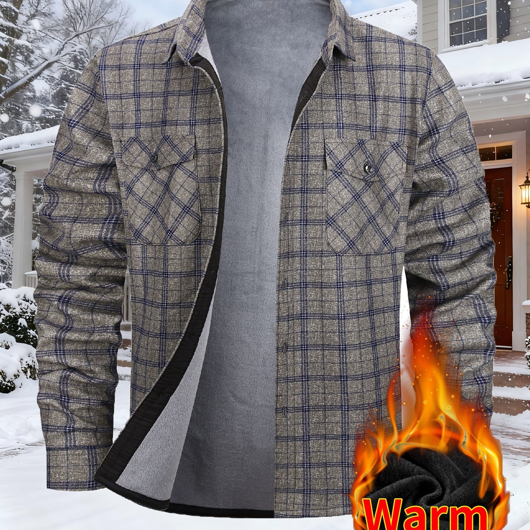 TEMU Men's Thickened Flannel-lined Warm Plaid Casual Shirt For Autumn/winter, Winter Flannel Dress Shirt, Warm And Suitable For Parties, Skiing, And