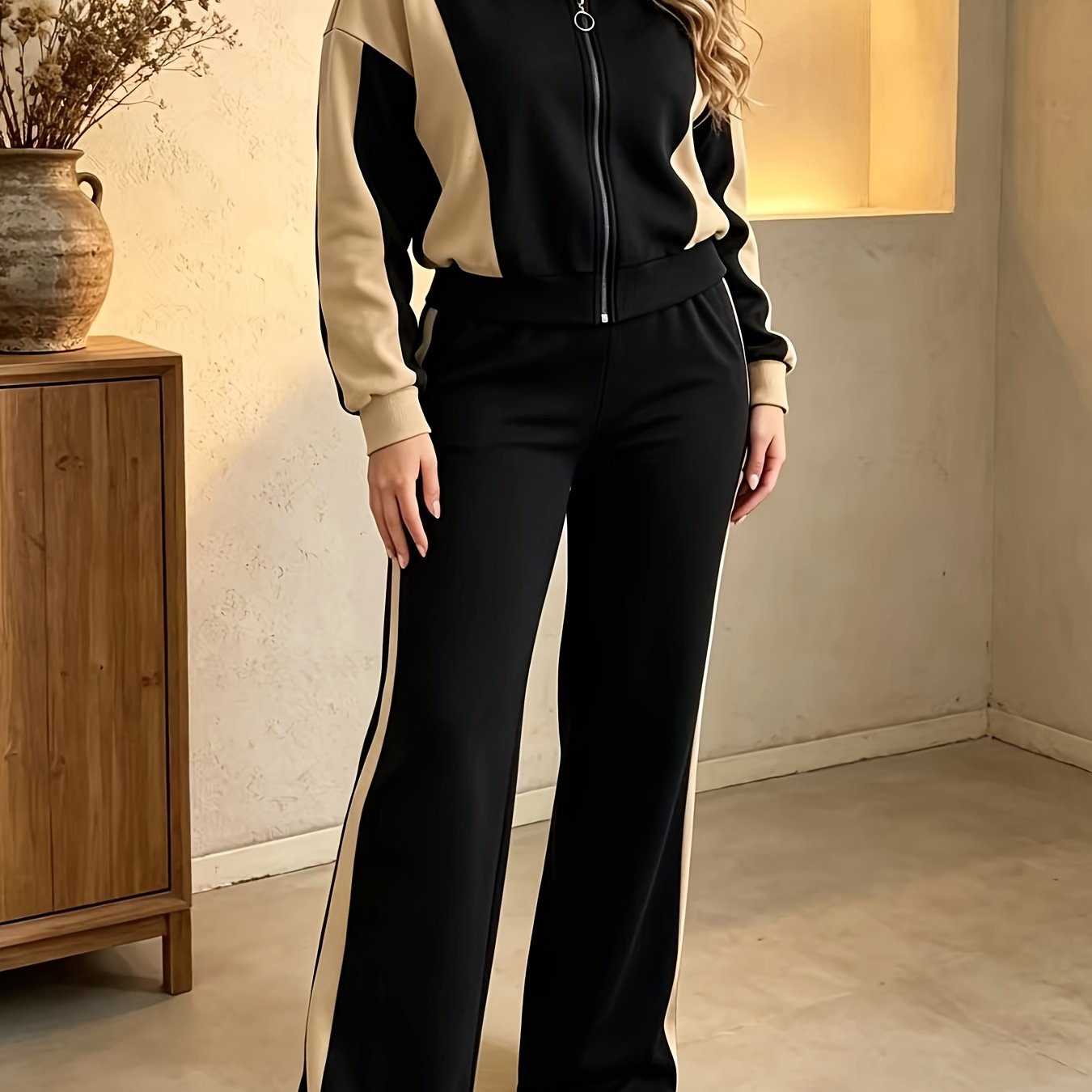 Women's Autumn And Winter Clothing - Contrasting Color Thermal Top Jacket With Striped Splicing High-waist Trousers Women'-piece Set