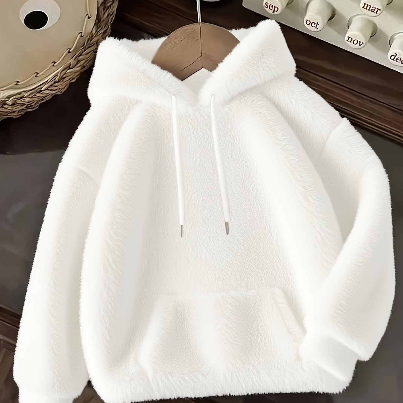 E-shop Damen Plüsch Känguru Hoodie, Lässiger Lockerer Langarm Kapuzenpullover mit Kordelzug