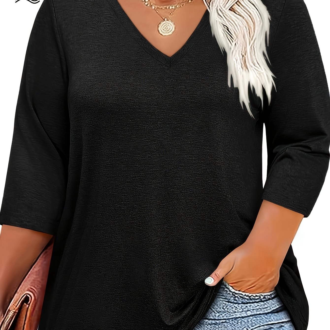 E-shop Plus Size - Plus Size - Plus Size Damenmode Oberteil, 3/4 Ärmel Locker Elegante Lässige Fließende Bluse V-Ausschnitt 3/4 Ärmel T-Shirt