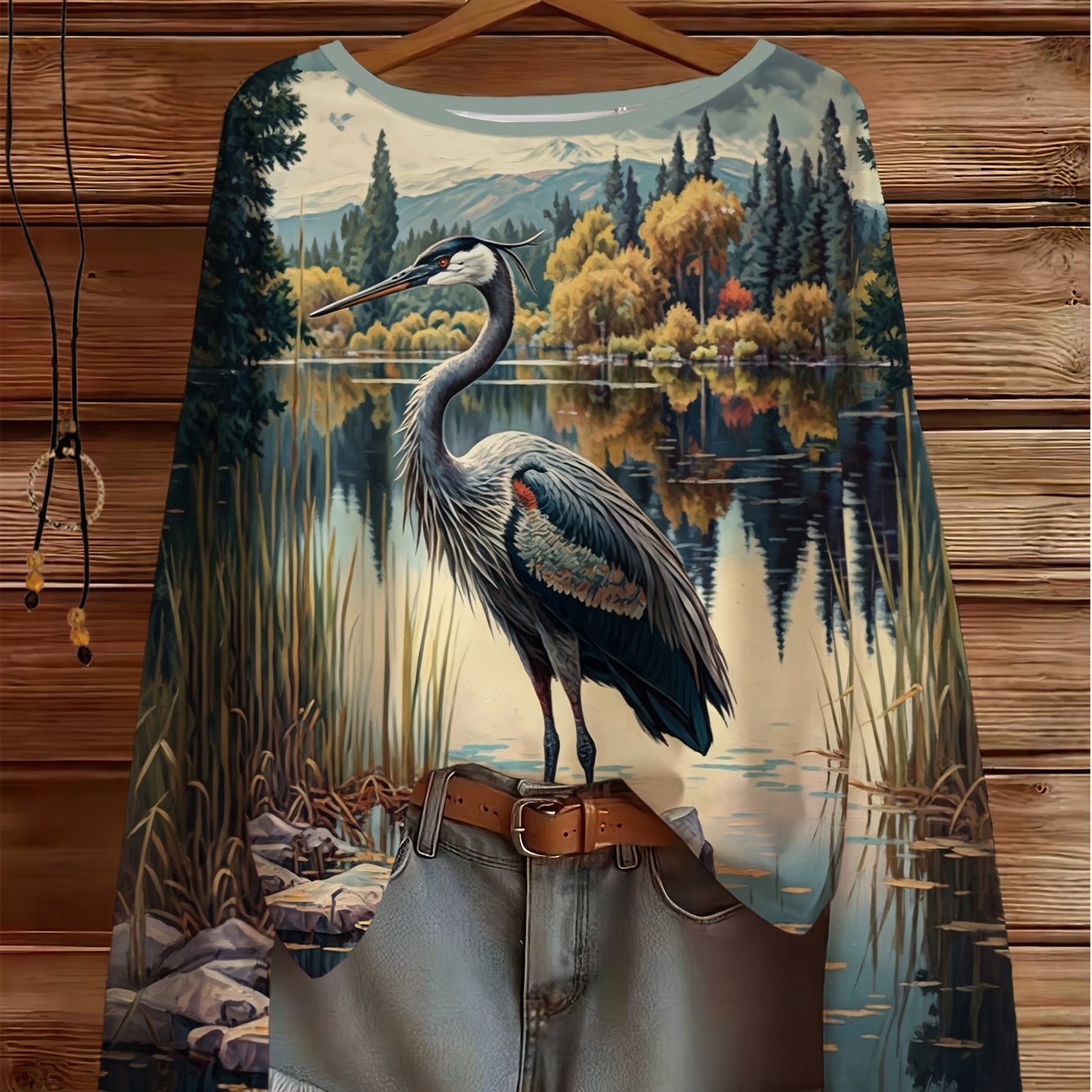 TEMU Plus Size Women's Elegant Style Long Sleeve, Crane Print Large Round Neck, Suitable For Spring And Summer, Fashionable Vacation Casual Versatile