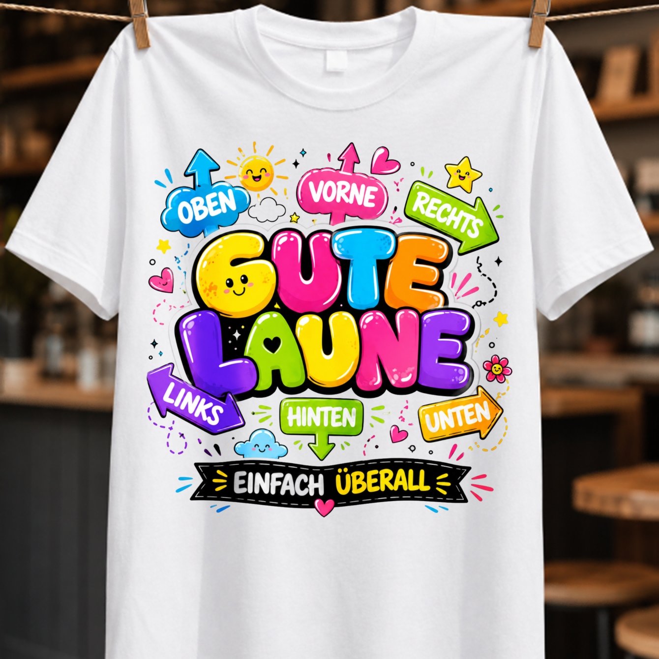 Image of Plus Size, German "" Cute Doodle Lettering With Sun, Clouds, Hearts, Arrows And Simply Sunny Happiness Theme Unisex All-t-shirt