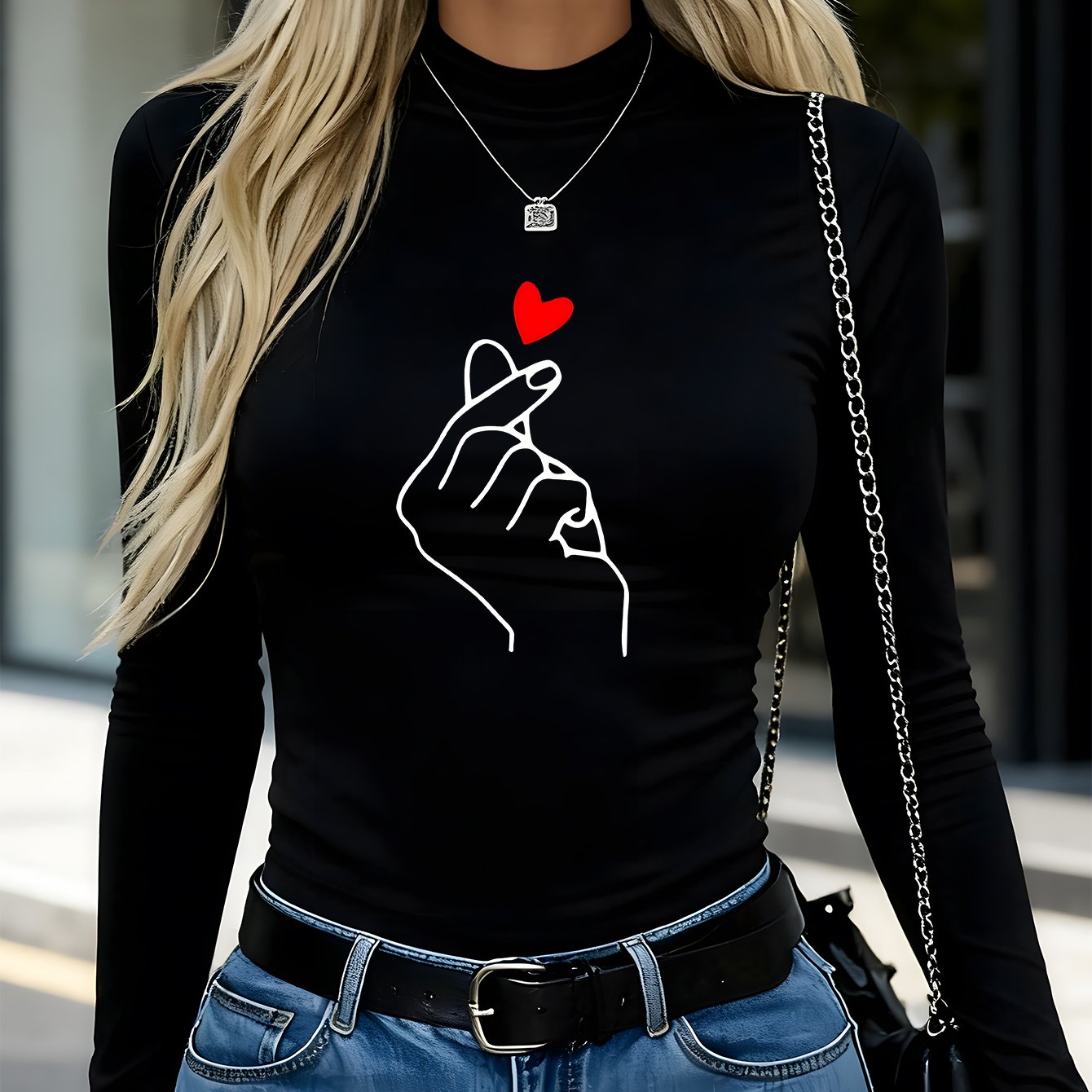 TEMU Women's Autumn And Winter Y2k Casual Figure-flattering Base Casual Long-sleeved Thermal Top, Gesture Heart Pattern Print, Fashionable Women's