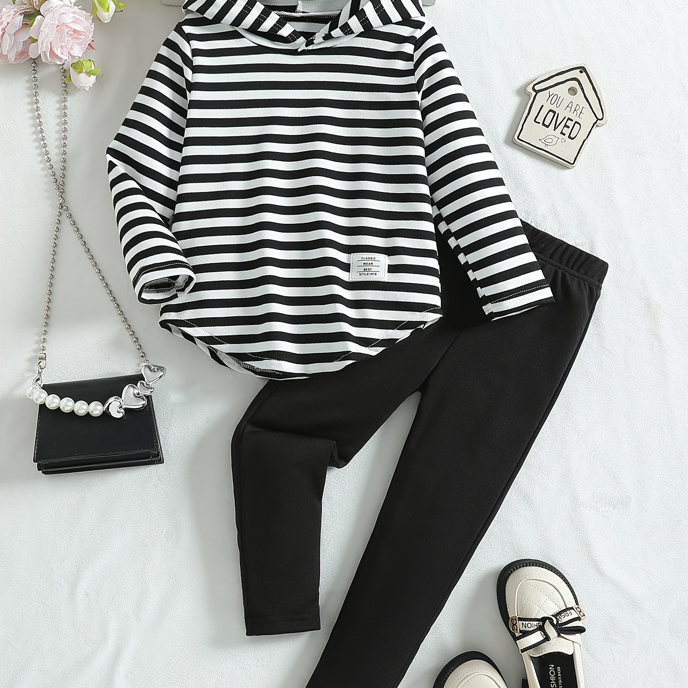 Image of 2pcs Girls Striped Long Sleeve Hoodie And Pants Set, Top And Casual Trousers Outfit - Comfortable All-match, Suitable For Spring/autumn Leisure Outing, Party, Gift, For Outdoor, Christmas, Halloween