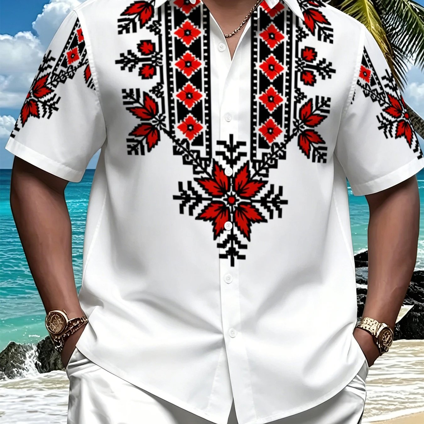TEMU Men' Plus Size Shirt, Summer Ethnic Print Shirt, Casual Vacation Shirt For Men, Plus Size