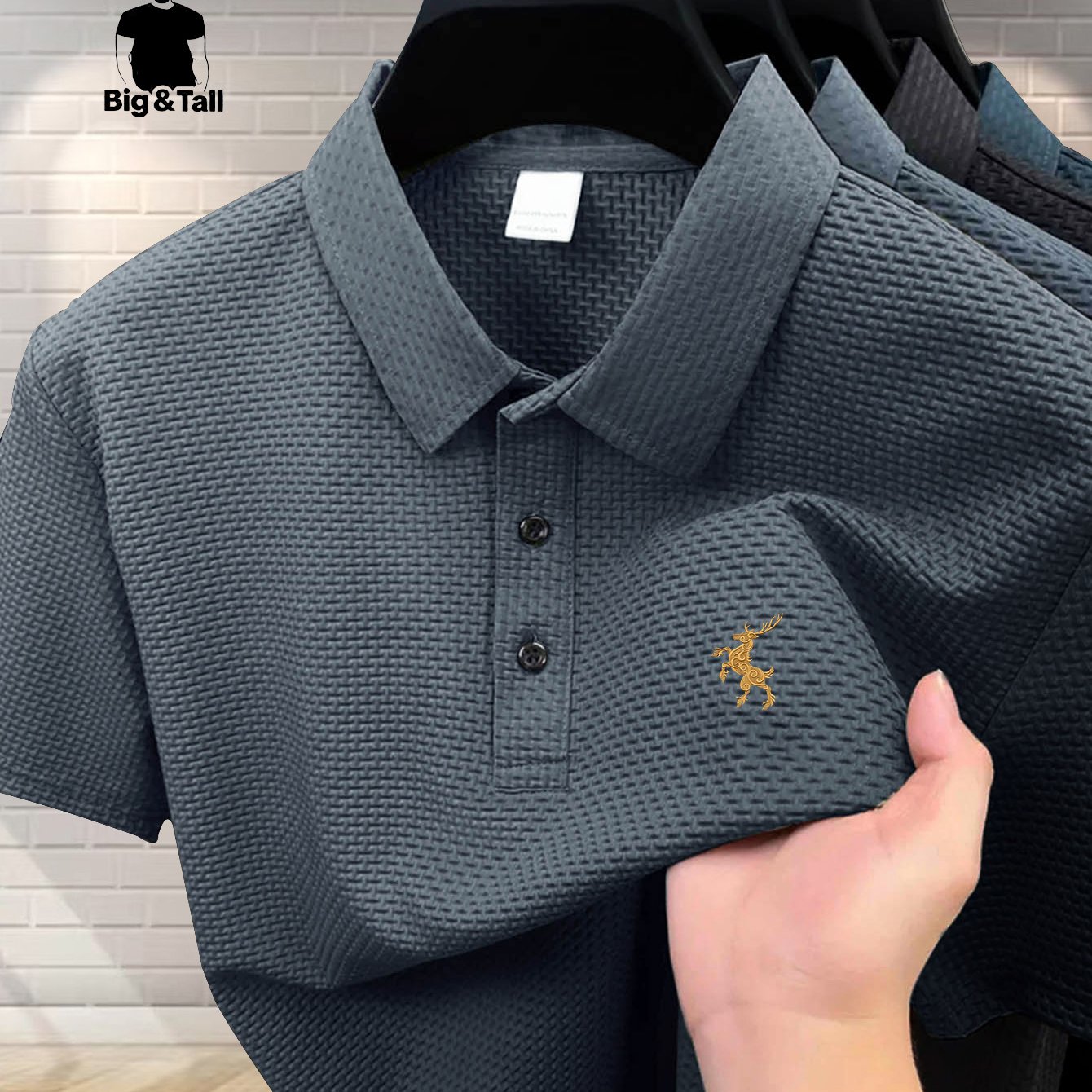 TEMU Plus Size Men's Loose Summer Short Sleeve Shirt, Collared T-shirt, Golf Shirt, Soft Comfortable Breathable Stretch Fabric, Golden Small Deer