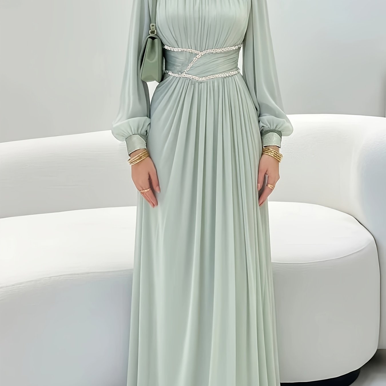 Glossy Fabric Maxi Dress, Women's Long Sleeve Waist-cinching Abaya Style Dubai Style Eid Elegant Women's Gown, Suitable For Ramadan And Party Occasions Ll168