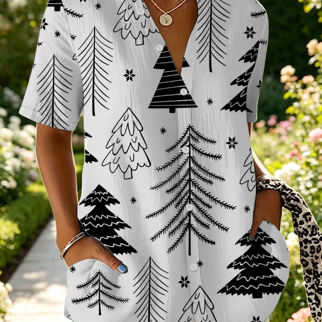 TEMU Women's Abstract Casual Retro Casual Shirt Black And White Christmas Tree Pattern Women's Short Sleeve Shirt Individual Trendy Soft Comfortable
