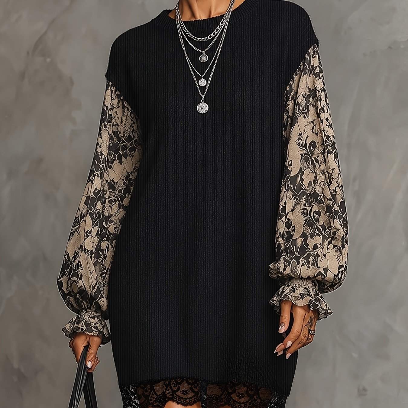 TEMU Plus Size, Plus-size Women's Vintage Rock Floral Dress With Lace Hem & Lantern Sleeves - Stretchy Midi Dress Suitable For Music Festivals, Bar