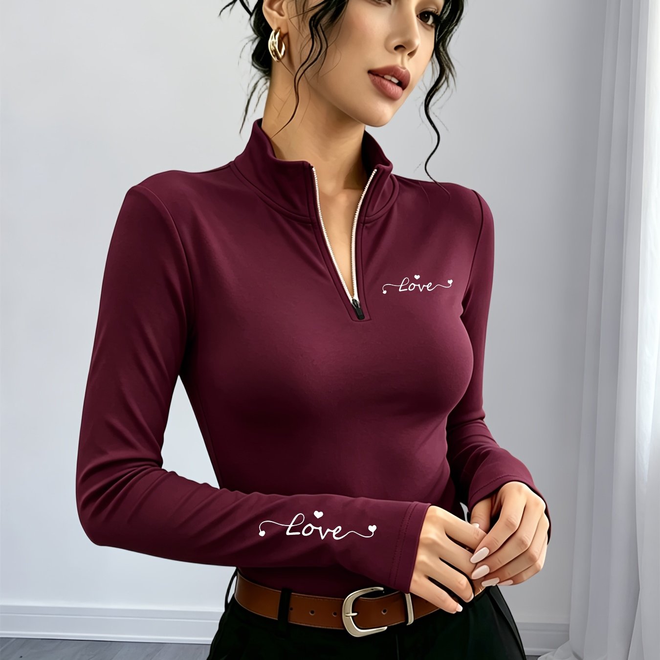 TEMU Solid Color Half-turtleneck Bodycon Long Sleeve Top With "love" Handwritten Heart Letter Print, Gentle Style Inner Blouse