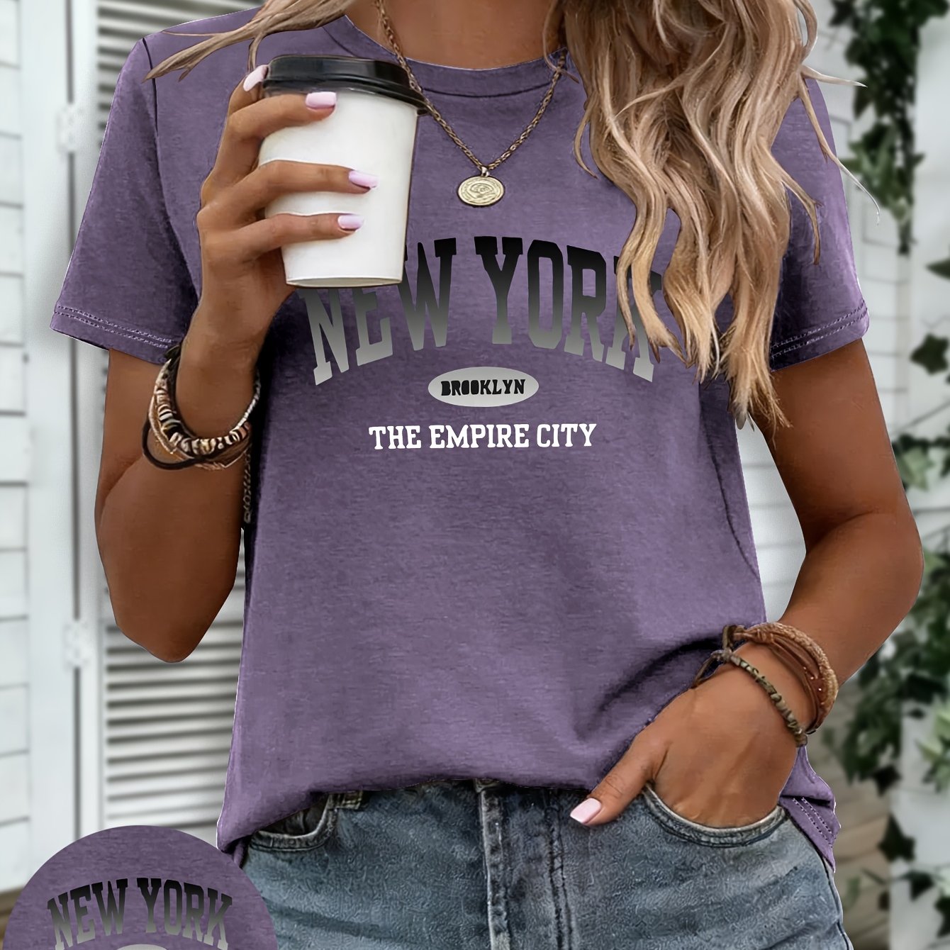 TEMU Women's Brooklyn T-shirt - Short Sleeve Round Neck Casual Blouse Pullover With Nyc Graphic Print, Machine Washable Suitable For Spring/summer