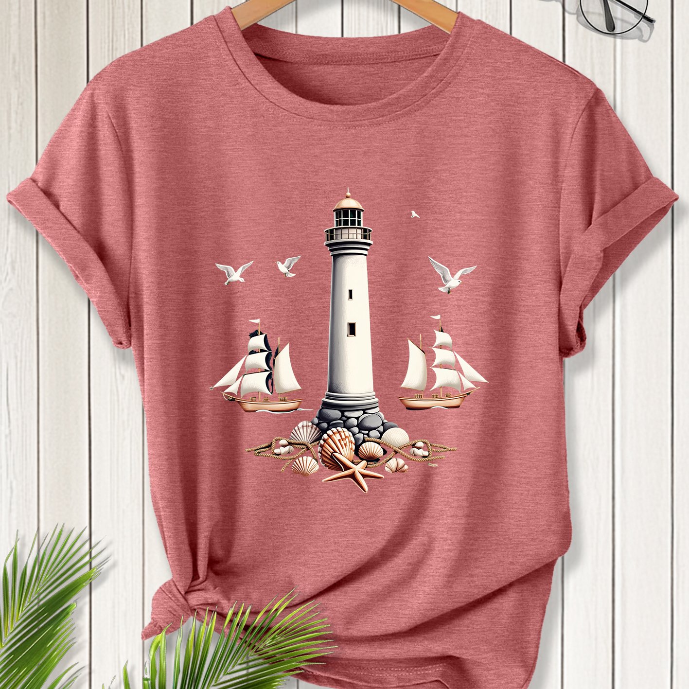 TEMU Women's Plus Size Nautical Lighthouse Print T-shirt - Short Sleeve Crew Neck Blouse-compatible Top Suitable For Commuting, Vacation & Casual