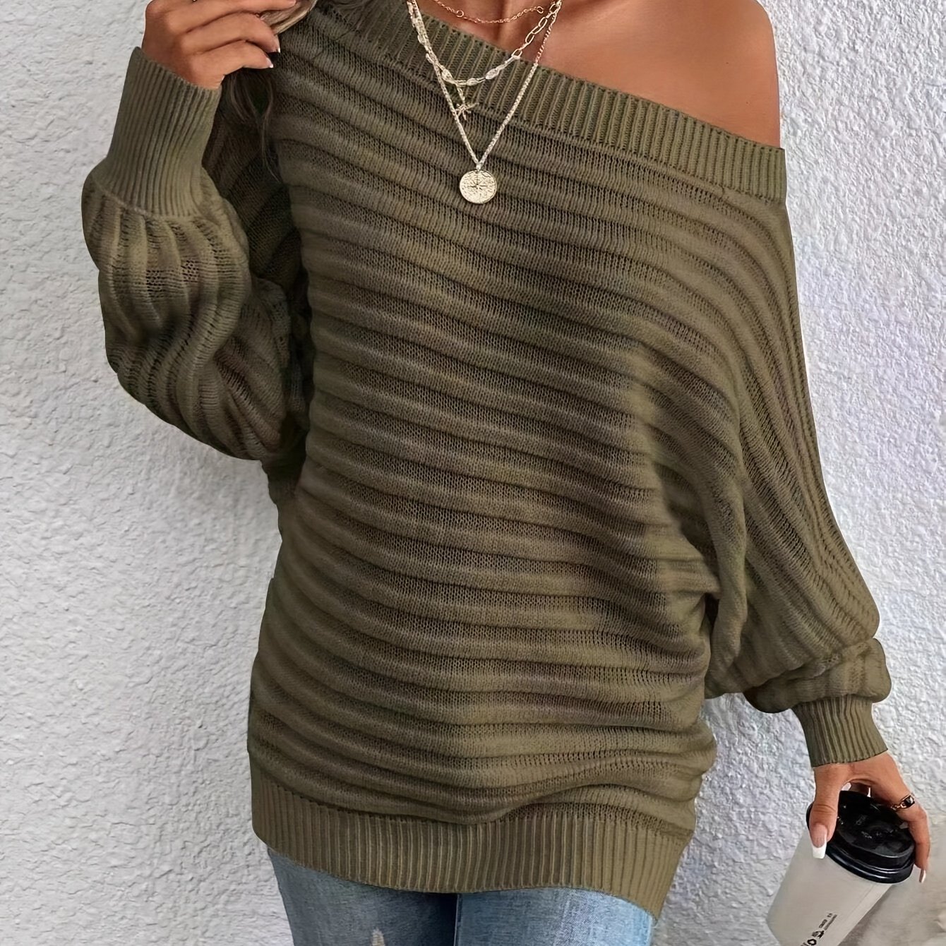 Image of Women's Elegant Off-the-shoulder Sweater - Soft Stretchy Pullover, Chic Casual , Versatile Solid Color Tops For Casual Attire, Sweater, Relaxed Outfit, Trendy Knitwear, Quality Stitching, Stylish Top