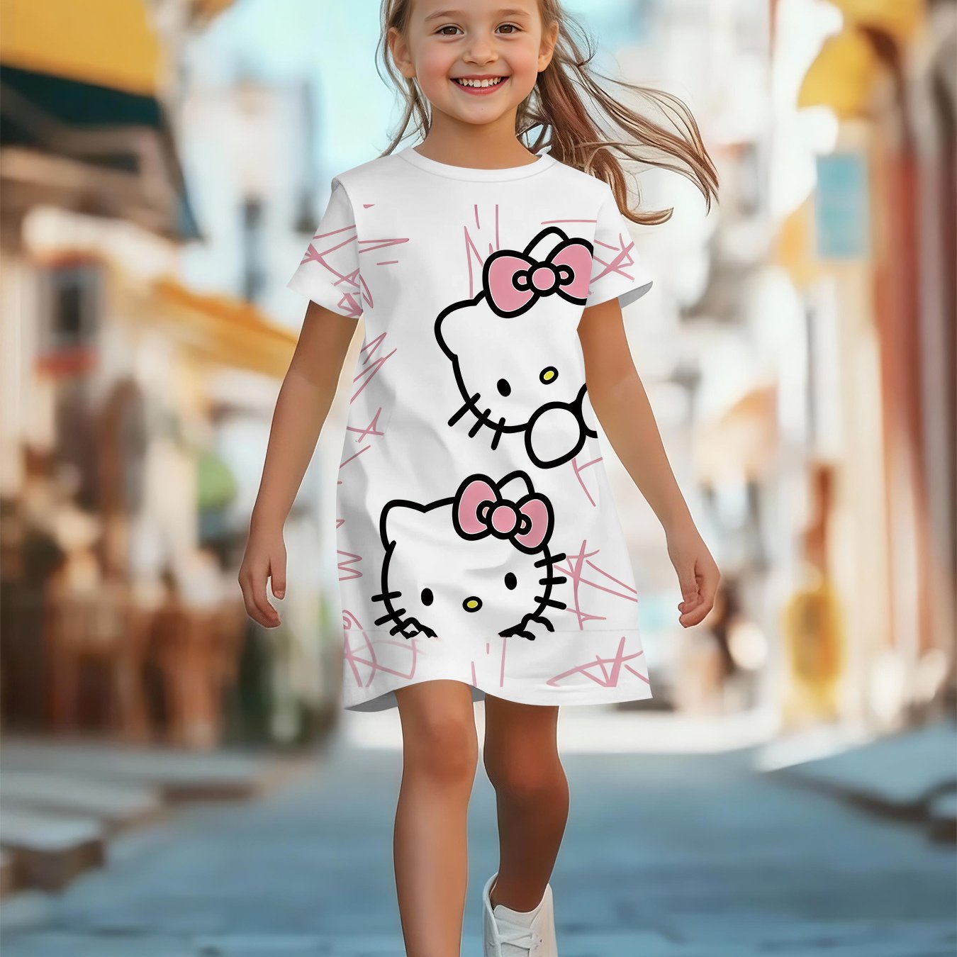Image of Girls' Summer Short-sleeve Dress, Trendy Minimalist Style With Hello Kitty Pattern Print, Fashionable And Comfortable Short-sleeve Dress For Girls