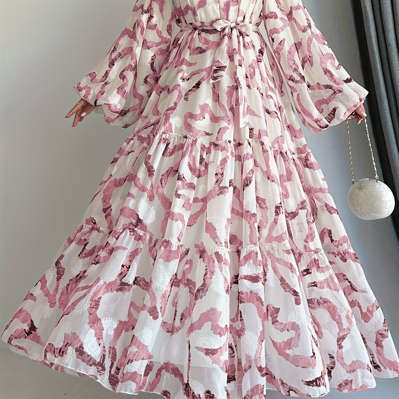 Image of Women's Casual Fashion Dress For Dates, Parties, And Vacations, Middle Eastern Chiffon Printed Long Dress With Belt, Gentle, , And Elegant