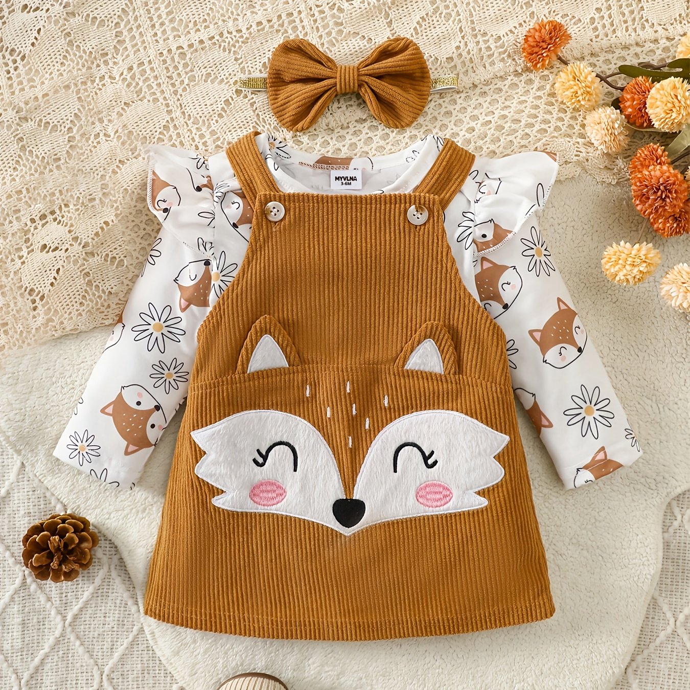 Toddler Girl Clothes, Autumn Story Velvet Set, Full Print Daisy Bodysuit And 3d Embroidered Pinafore Dress And Headband 3pcs Set, Baby Fall Winter , For Outdoor, Baby Essential Items