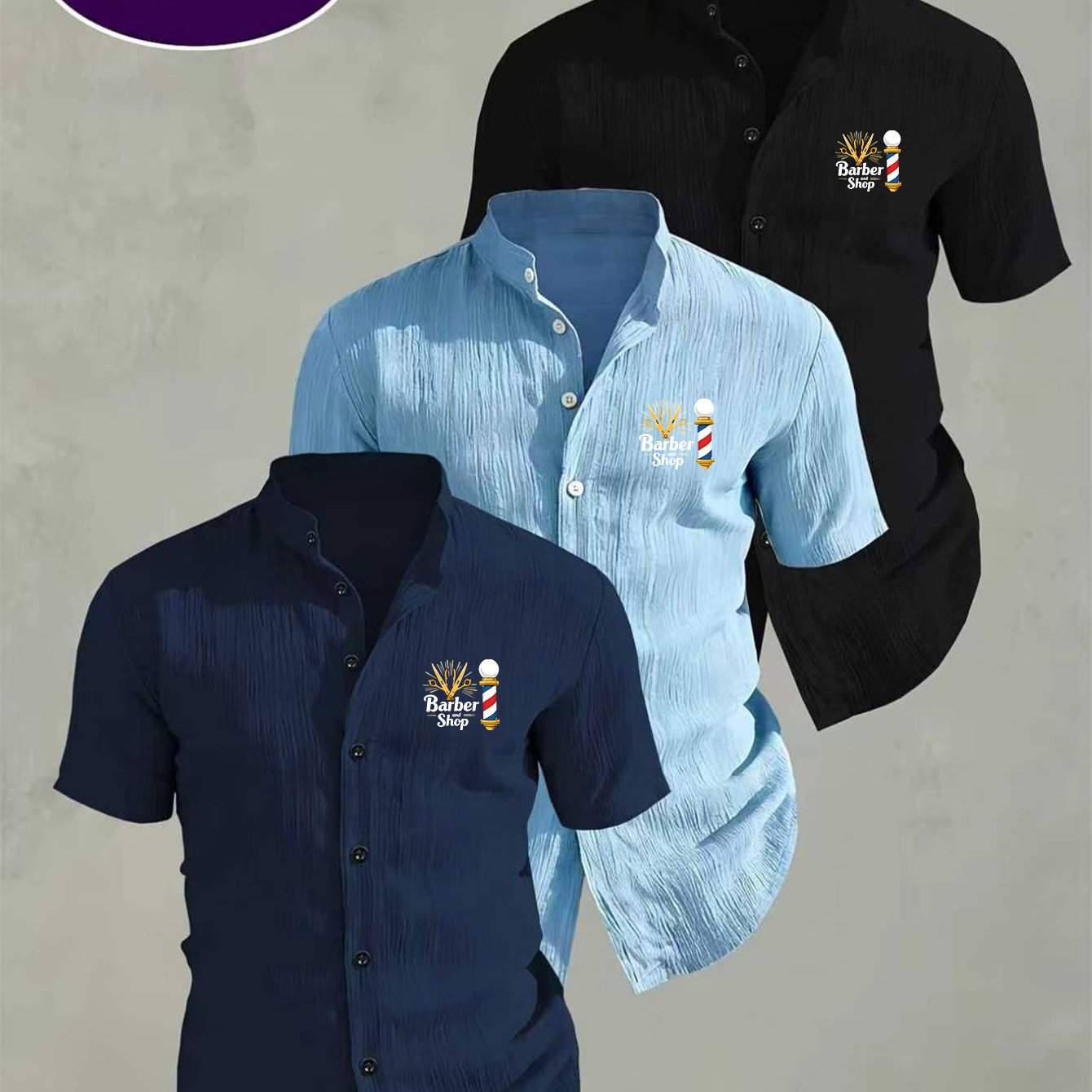 TEMU 3pcs Printed Men's Summer Short-sleeve Stand Collar Shirt, Barber Shop Scissors 3pcs Printed Short-sleeve Shirt, Style, For A Casual Workwear
