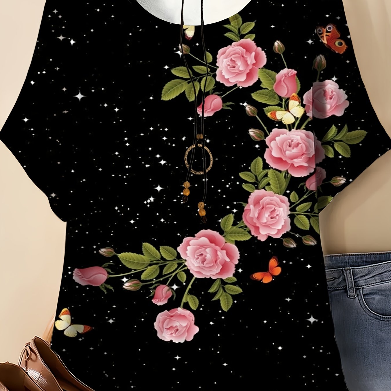TEMU Plus Size -- Women's Short-sleeve Round Neck T-shirt With A Black Starry Sky And Pink Rose Print, Featuring Soft, Skin-friendly, Breathable