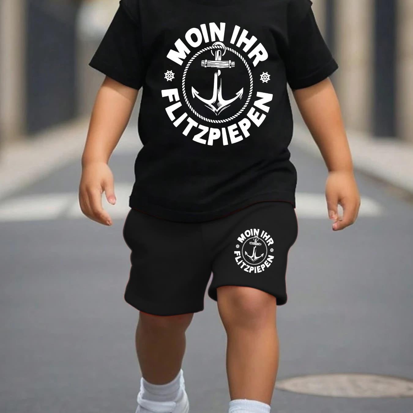 Image of Summer Boys' Fashion Shorts And Short Sleeve Set "moin Ihr Flitzpiepen" Fish Anchor Cartoon Print Kids Cute Short Sleeve T-shirt Shorts Casual Outfit Ny-tz9561, For Outdoor