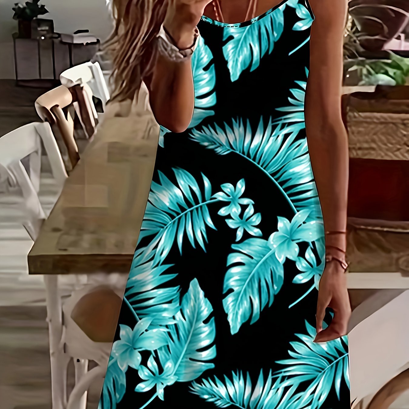 E-shop Damenkleid, ein modisches, elegantes lässiges Trägerkleid mit tropischem Pflanzenblatt-Druckmotiv verstellbaren Trägern. Geeignet für Urlaub,