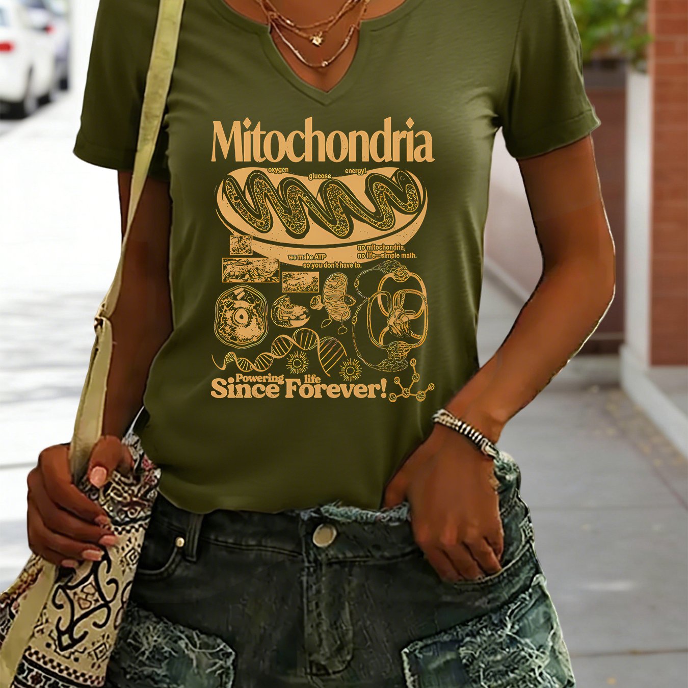 TEMU Women's Summer V-neck T-shirt, Science Mitochondria Graphic Tee, " Life Since Forever" Biology Art Print Tops, Versatile Daily Wear V-neck Tee,