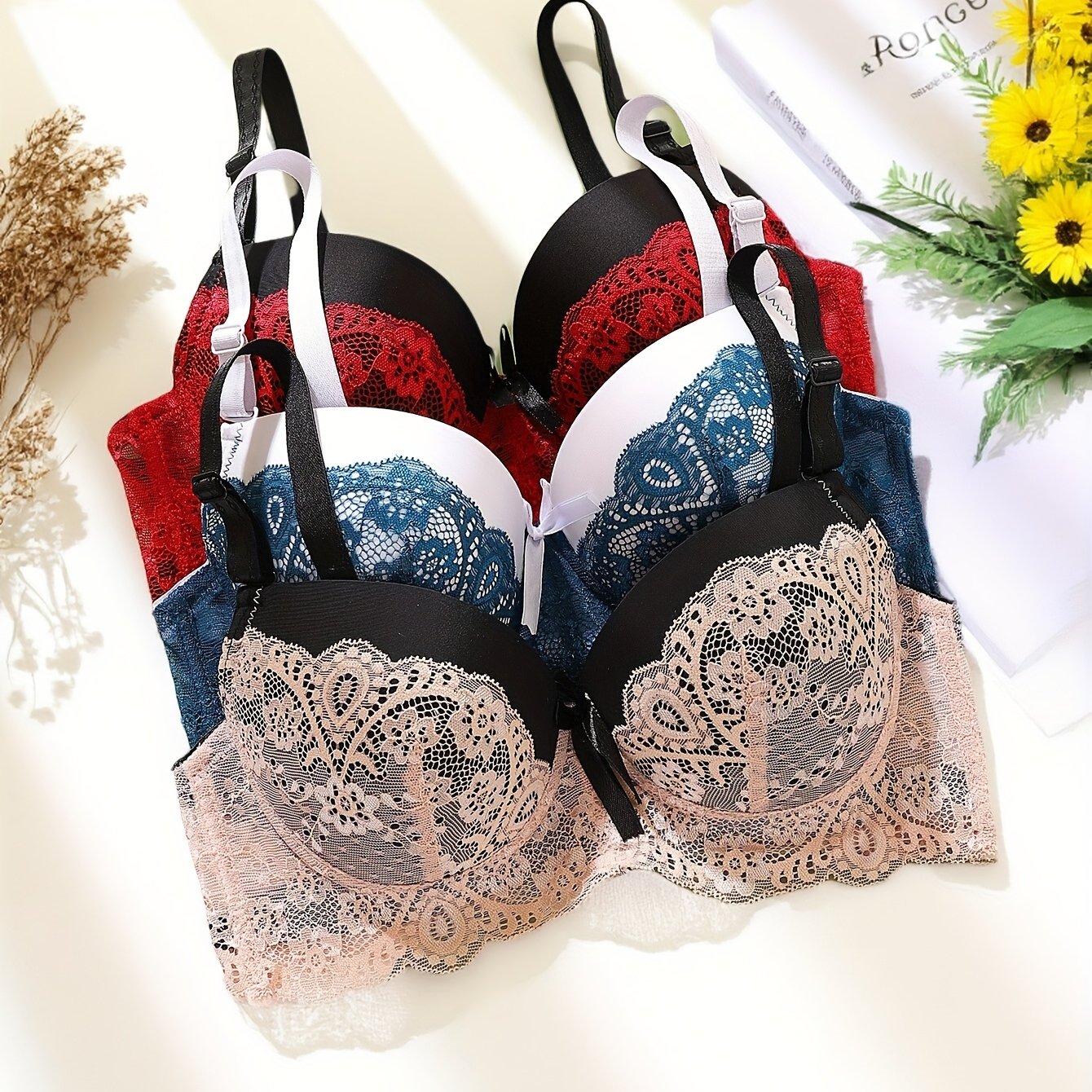 E-shop 3er-Pack hochwertiger Damen-BH in Übergröße mit dünnem Bügel schmalem Cup, bequemer vergrößerter Spitzen-BH, elegante wunderschöne