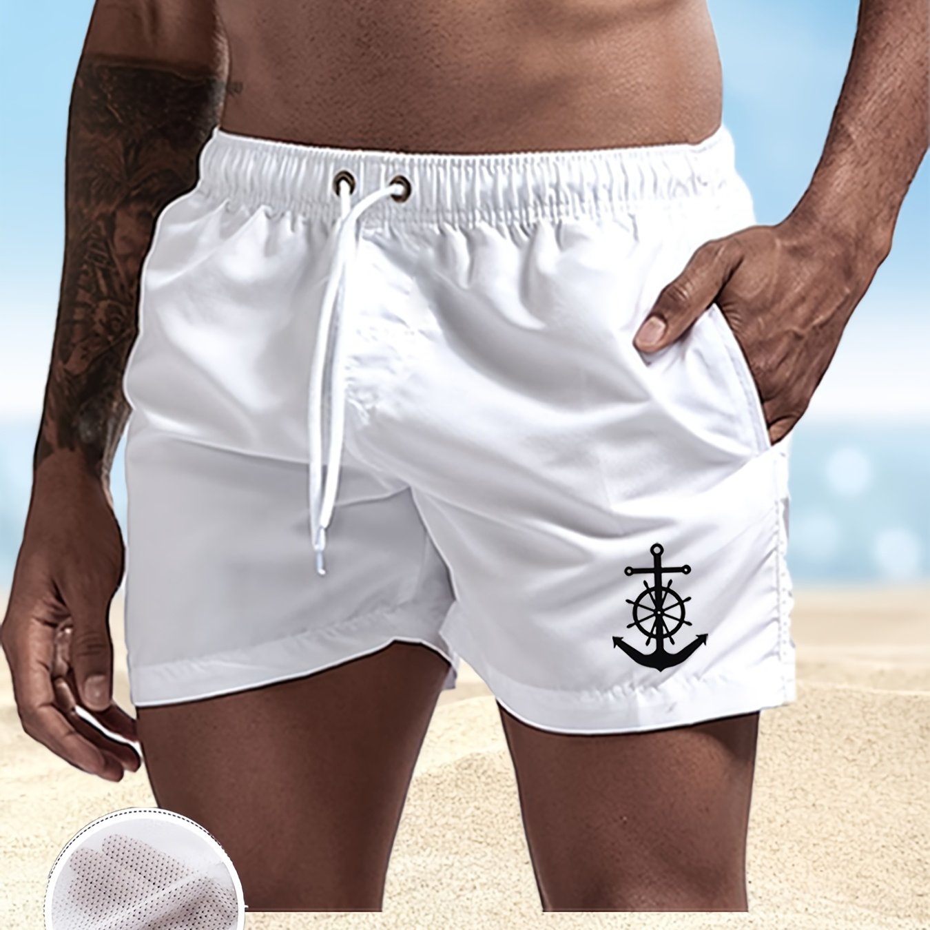 Image of Men's Printed Anchor Loose Beach Shorts, Solid Color Sportswear, Drawstring Quick-dry Shorts, Lightweight Shorts For Summer Beach Vacations And Surfing