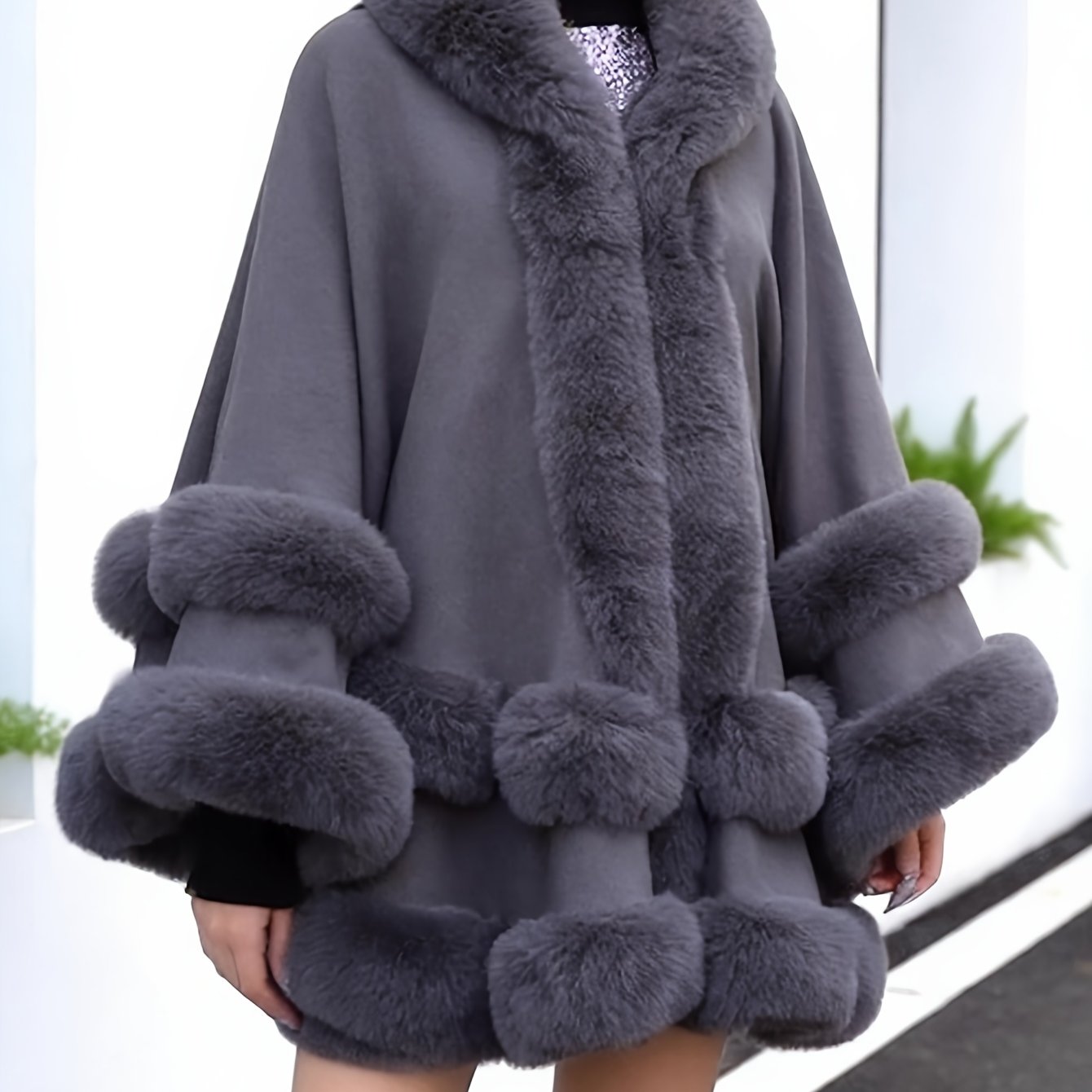 Plus Size, Plus Size Women' Hooded Shawl Cape With Trim, Double-row Hem, Mid-length Open Front Poncho Wrap, Acrylic Fall/winter Outerwear