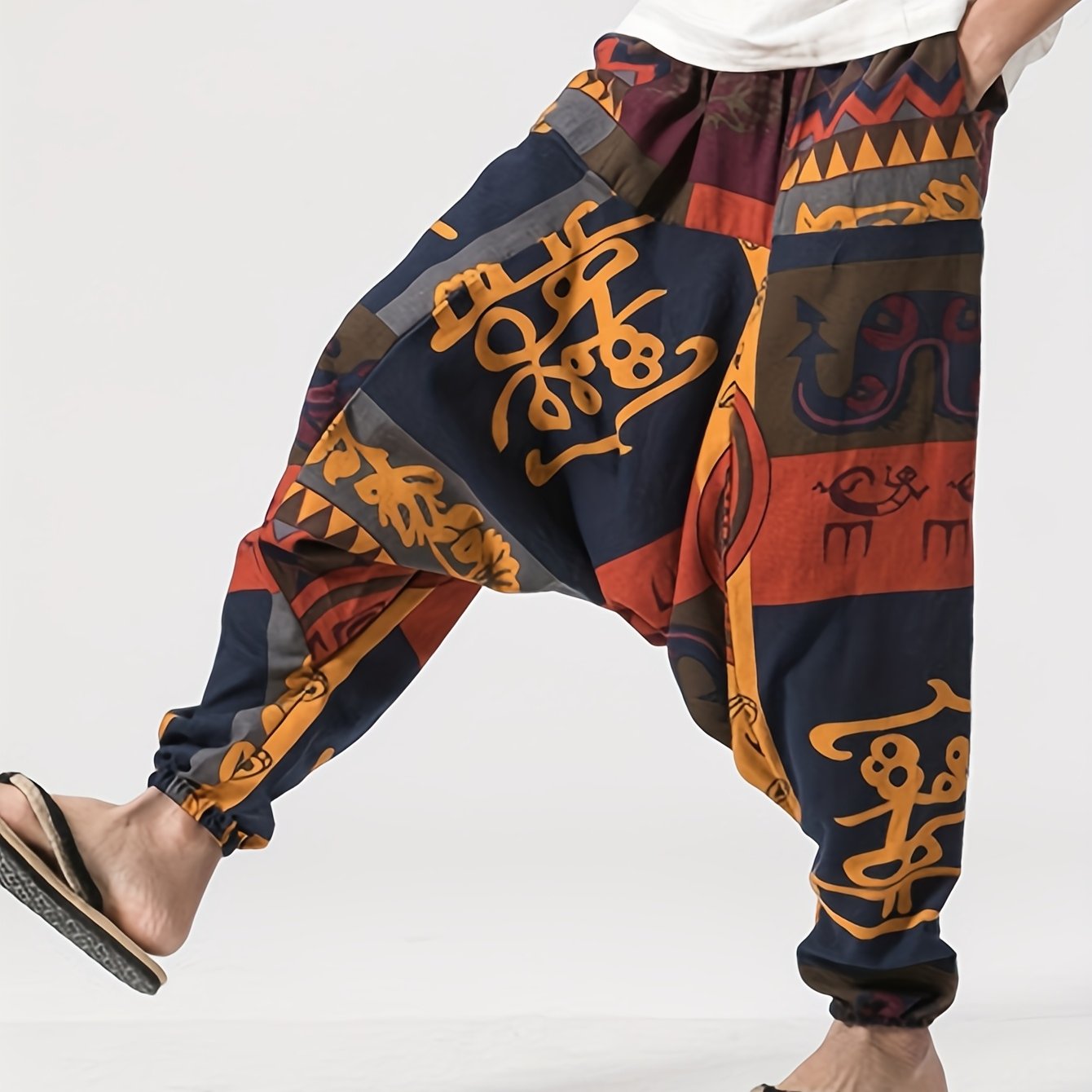 Image of Men's Casual Harem Pants With Drawstring Waist - Loose Fit, Tribal Print, Non-stretch Fabric, Perfect For Daily Wear, Comfortable Clothing | Relaxed Fit Pants | Woven Texture