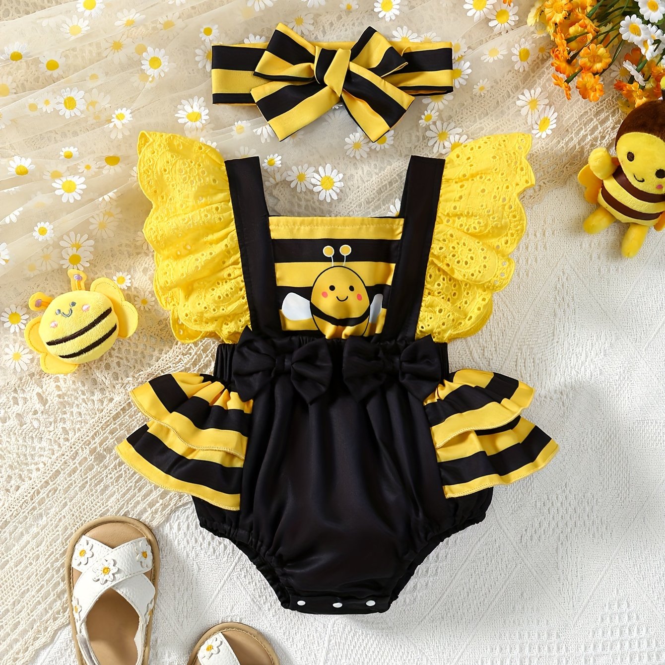 2pcs Set: Girls' New Summer Style Newborn Romper With Striped Cartoon , Lace Trim, Spaghetti Straps, And Open Back + Headscarf Set, Perfect For Outdoor