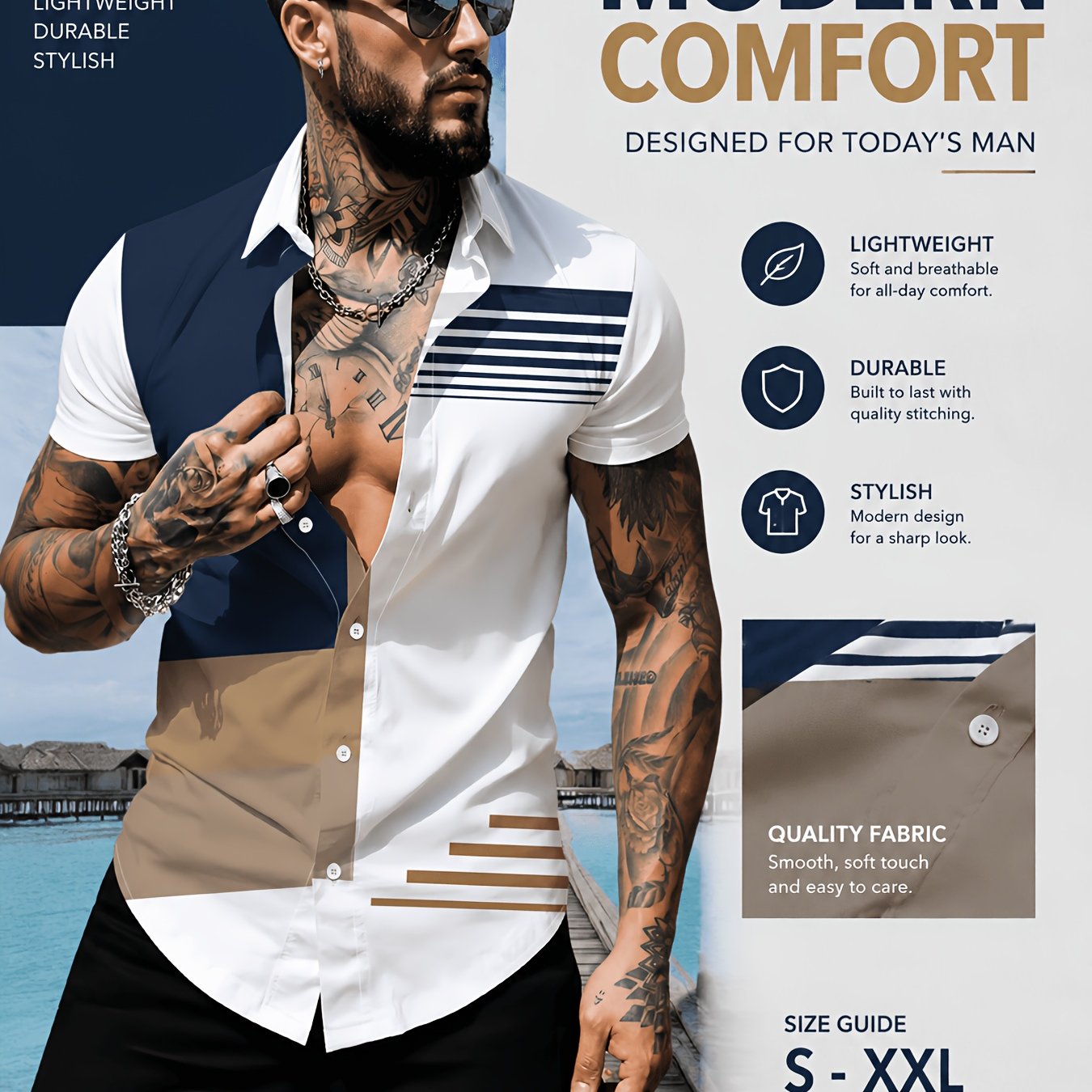 TEMU Chemise Homme Manches Courtes Tendance Été, Imprimé Géométrique Color-Block, Décontractée, Coupe Slim, Haut Respirant pour et Vacances