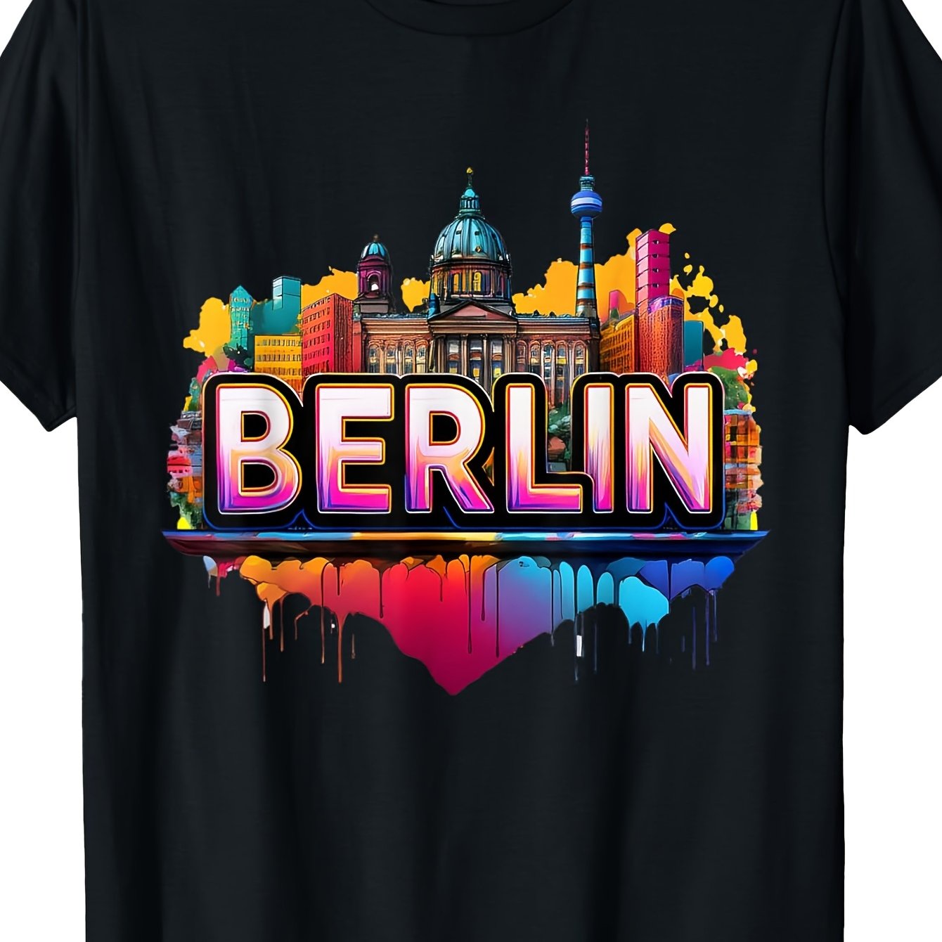 Image of Men' Berlin T-shirt - German Souvenir Top With Iconic Landmarks Print, Crew Neck Short Sleeve Casual Shirt Suitable For Travel, Daily Wear & Gifts For Berlin , Machine Washable