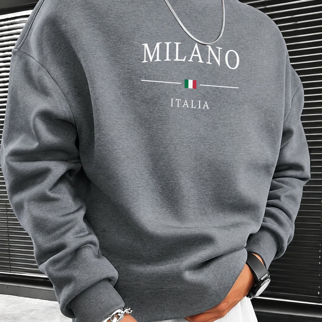 Image of Autumn Winter New Casual Pullover Crew Neck Sweatshirt For Men With Italia Print And Italy Flag, Regular Fit , Street Style Fashion