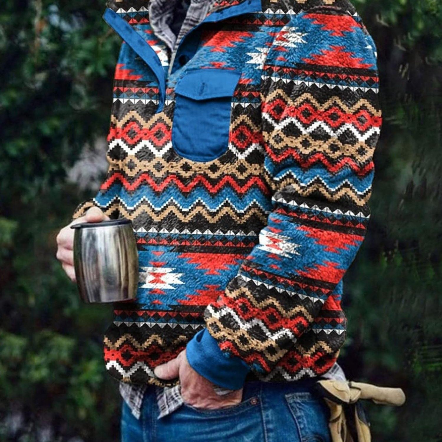 Image of Mens Aztec Fleece Jackets Fuzzy Sherpa Pullover Sweatshirts Winter Coats Western Vintage Sweaters With Pocket
