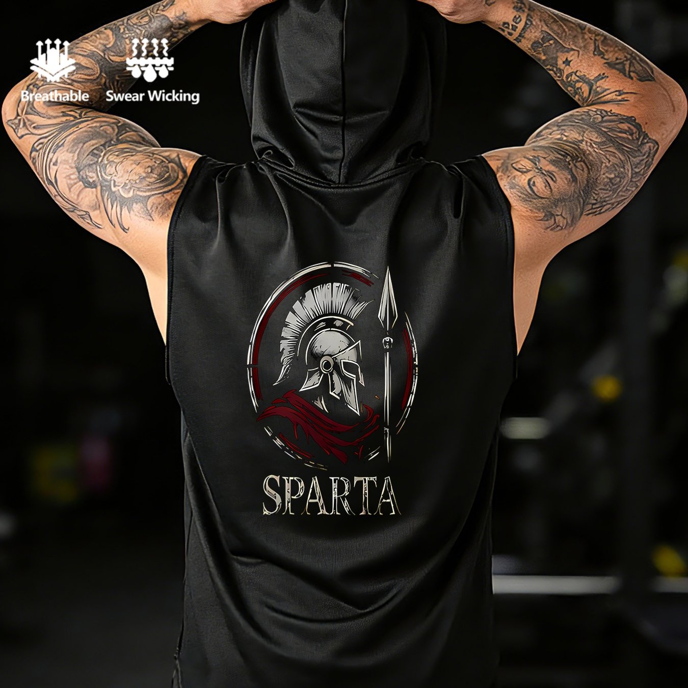 TEMU Sparta Distressed Red Trim Spartan Warrior Graphic Print Men's Sports Sleeveless Hooded Vest, Vintage Distressed , Daily Wear, Vintage Sparta