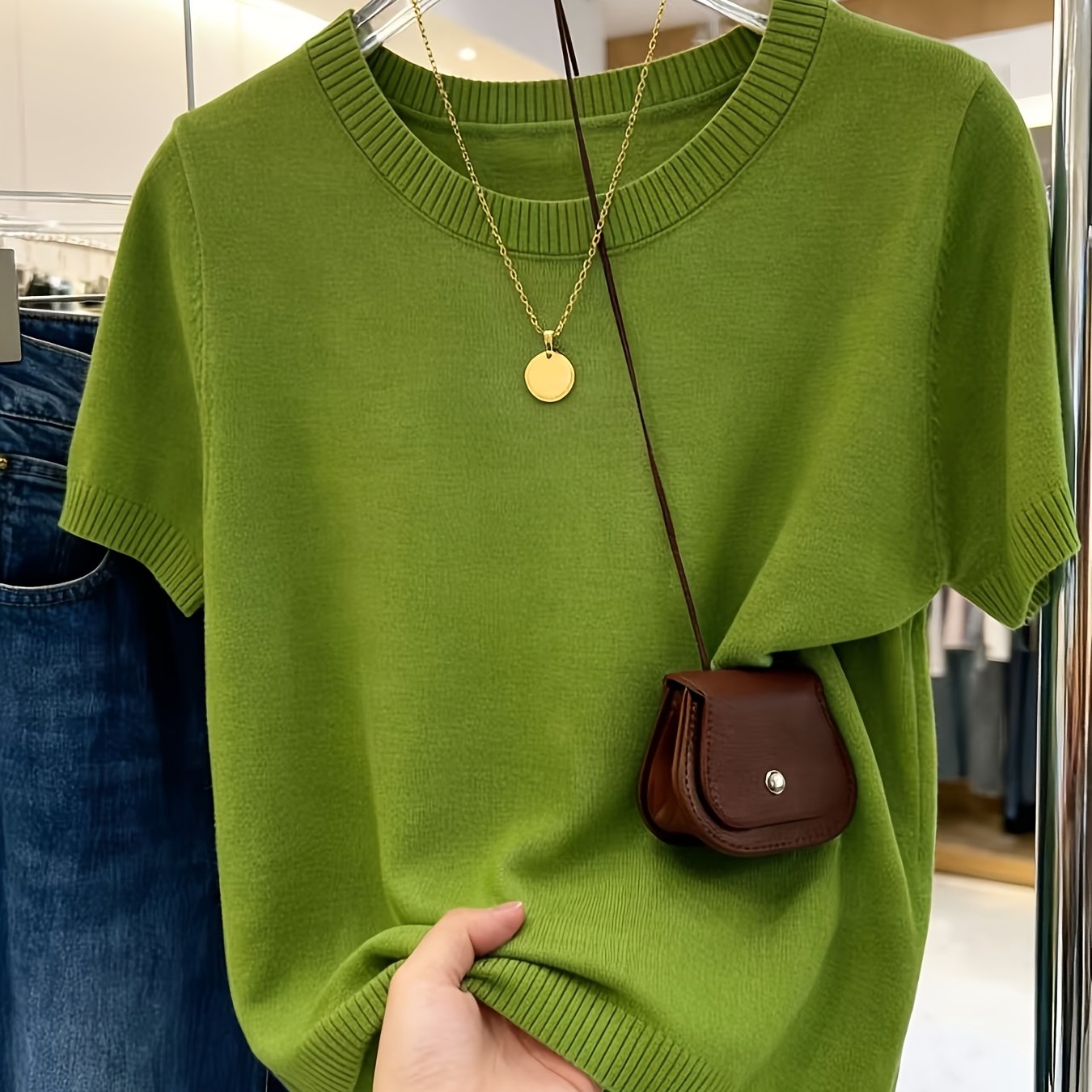 TEMU Women's Short Sweater, Korean Gentle Style Easy Temperament Fabric Classic Round Neck Design Suitable For Spring Summer Festival All-match Loose