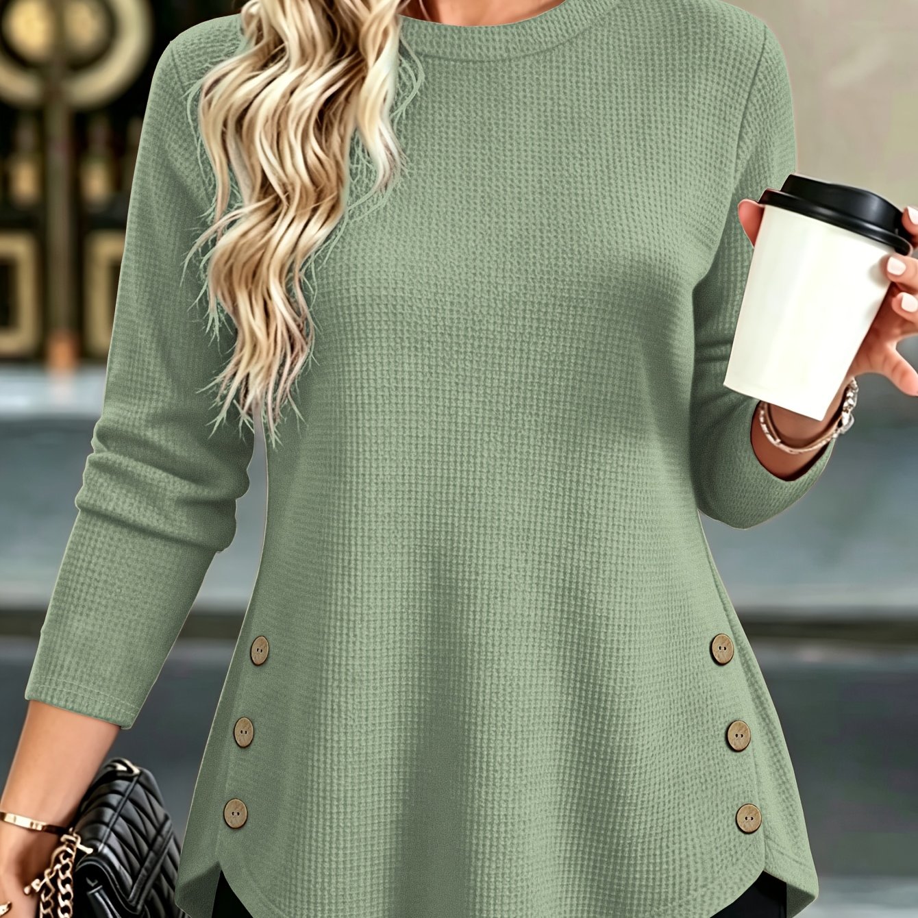 TEMU Women's Waffle Spring/autumn Round Neck Long Sleeve T-shirt, Elegant Solid Color Loose Hem Designer Top T-shirt, No Accessories