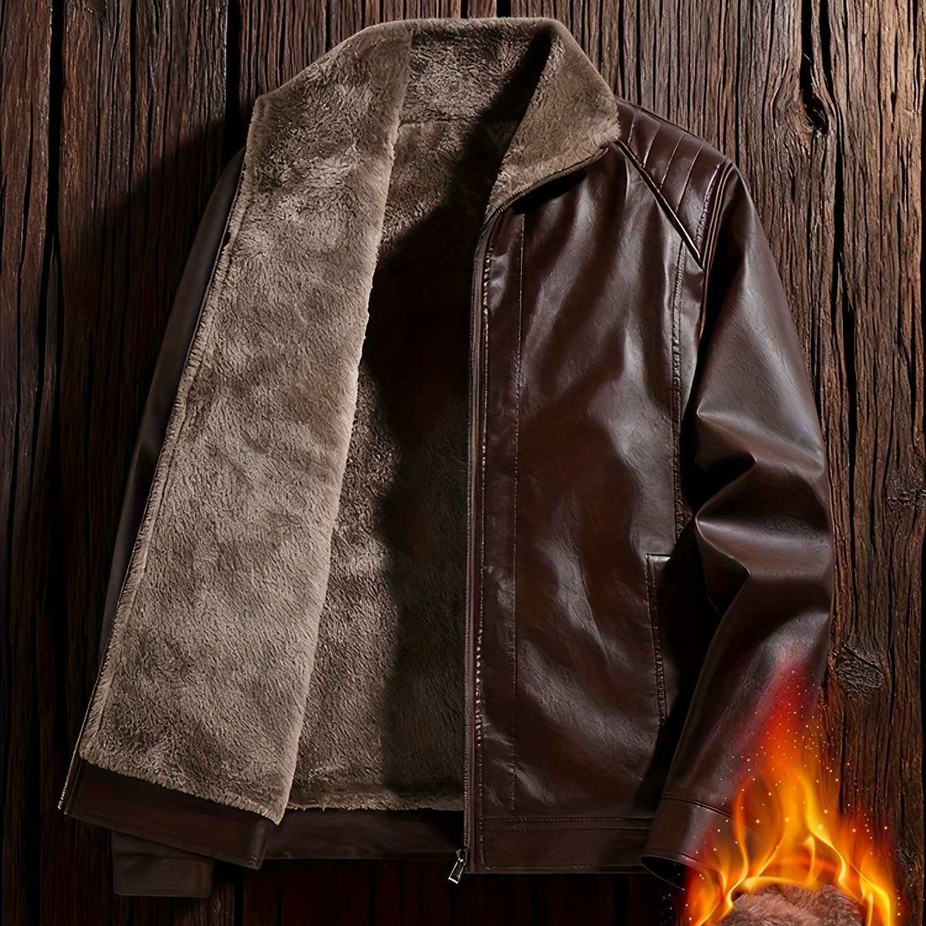 E-shop Herren Kunstlederjacke, Fleecegefüttert, Warmer Wintermantel, Stehkragen-Design, Reißverschluss, Lässige Herrenmode, Schwarz/Braun Trendige