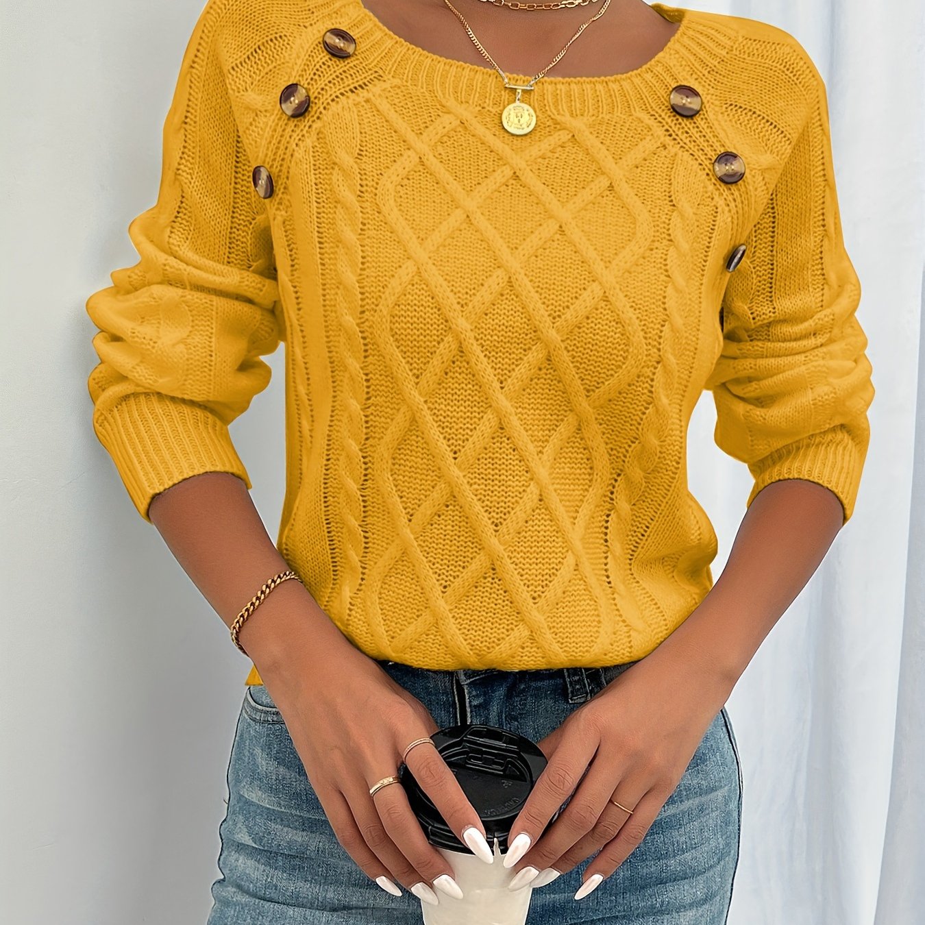 Neck Textured Button Lantern Sleeve Sweater