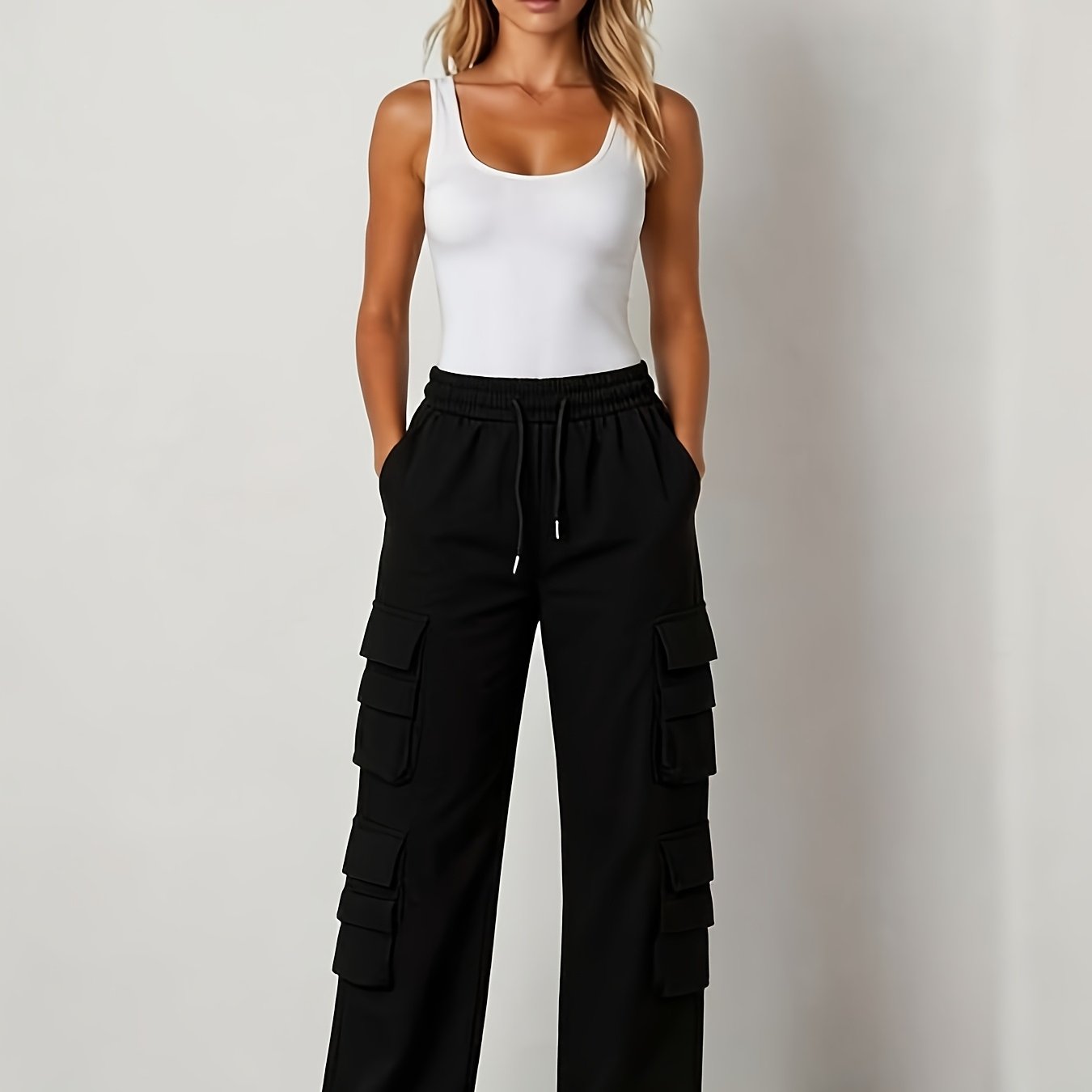 Elastic Slim-fit Straight-leg Women's Trousers, Fashionable Women's Trousers, Streetwear Multi-pocket Loose Straight-leg Women's Trousers, Cargo Pants